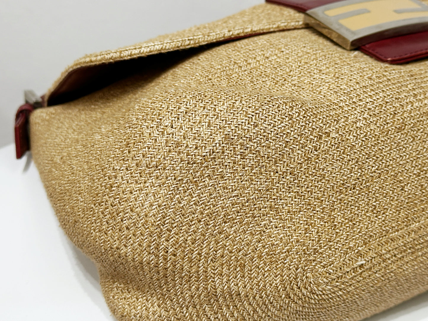 Fendi Mamma Baguette Raffia Straw Shoulder Bag Red Leather Strap