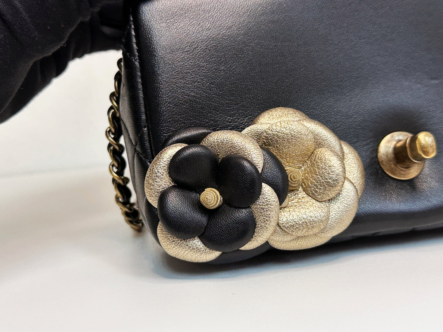 Chanel Mini Metallic Lambskin Quilted Camellia Flap Bag Black Gold 2479 holo card