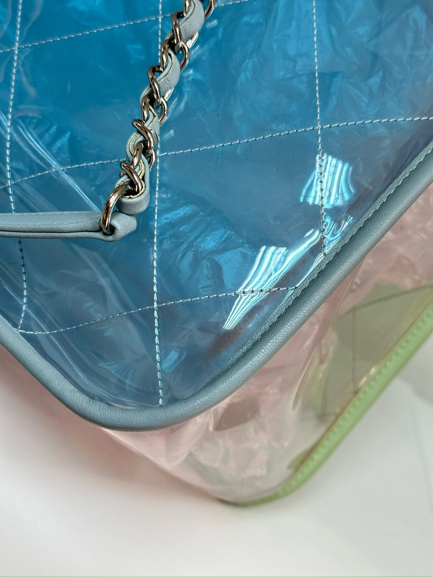 Chanel Lambskin PVC Quilted Medium Coco Splash Shopping Bag Blue Green Pink 2562 holo card