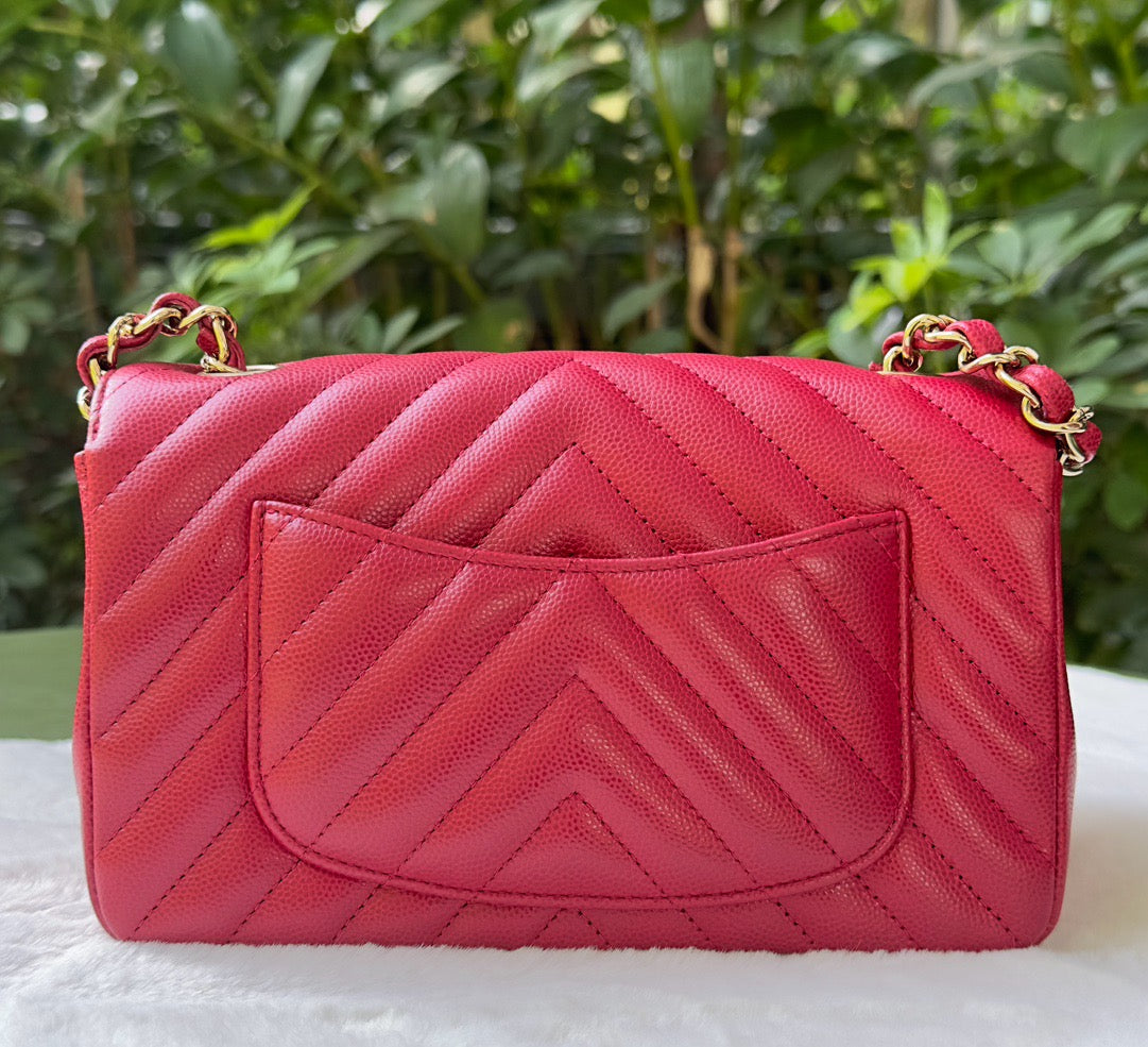 Chanel Mini Rectangle Chevron Red Caviar with GHW