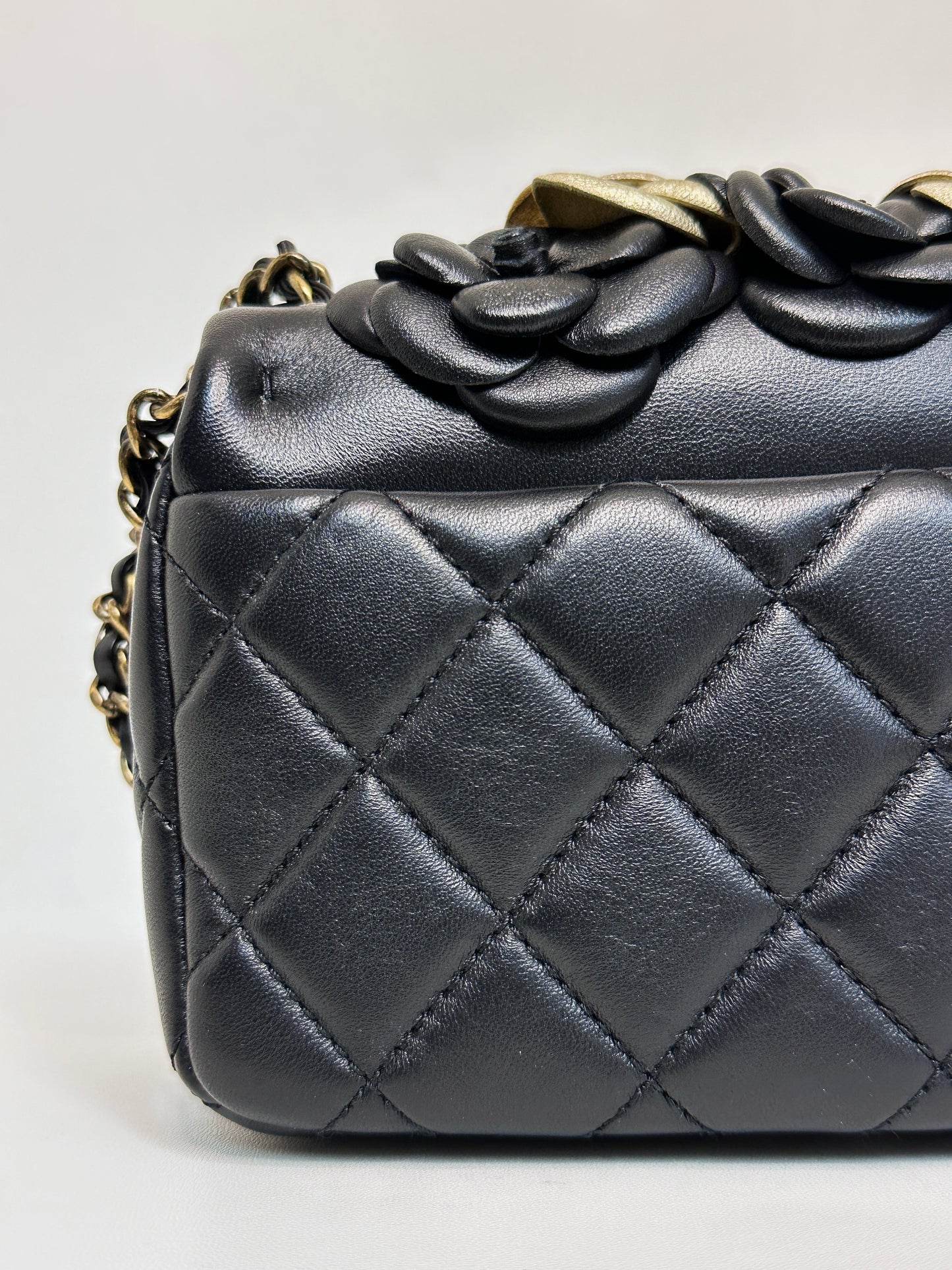 Chanel Mini Metallic Lambskin Quilted Camellia Flap Bag Black Gold 2479 holo card
