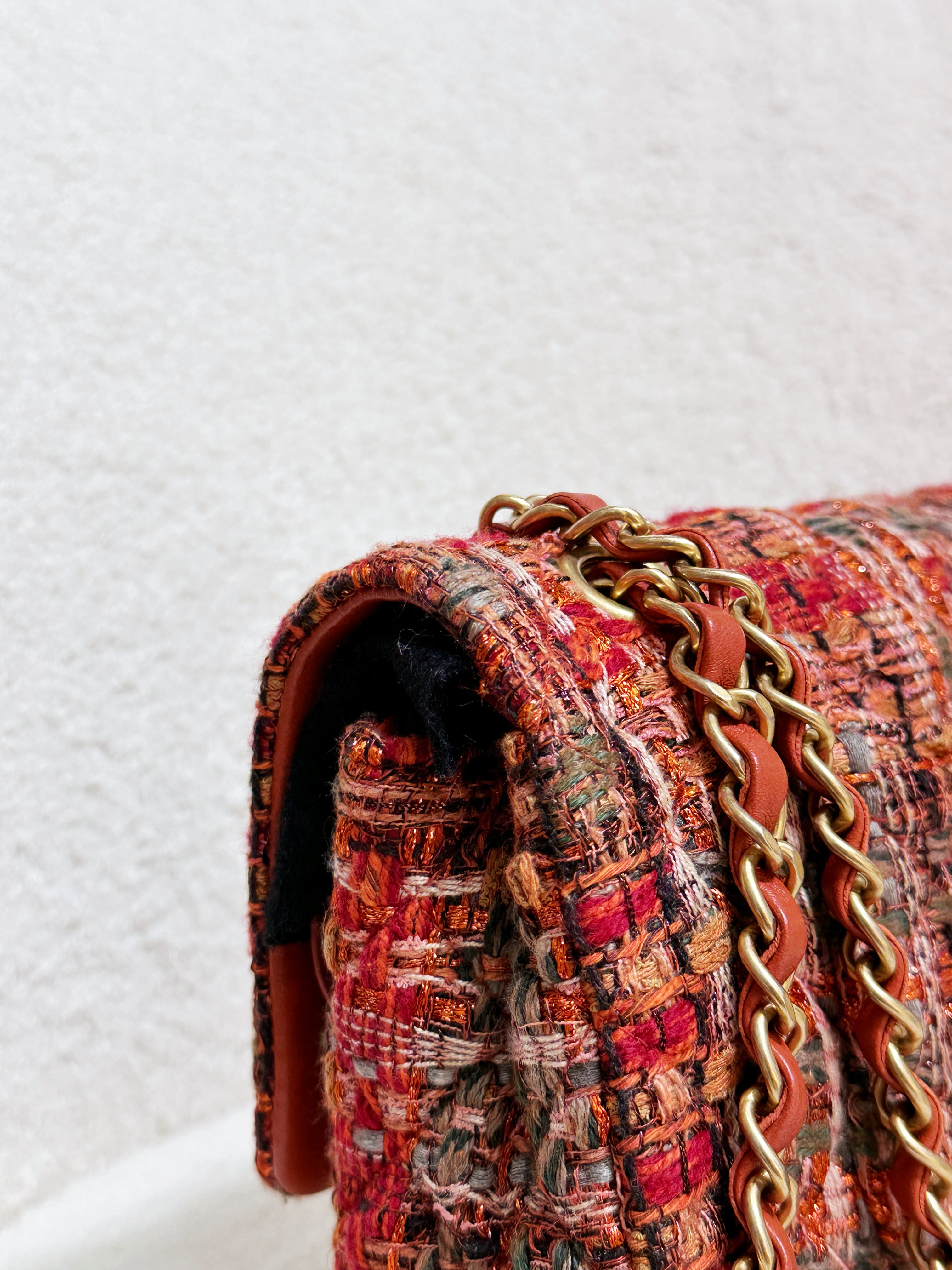 Chanel Tweed Quilted Medium Double Flap Bag Orange Multicolor K9J2 microchip