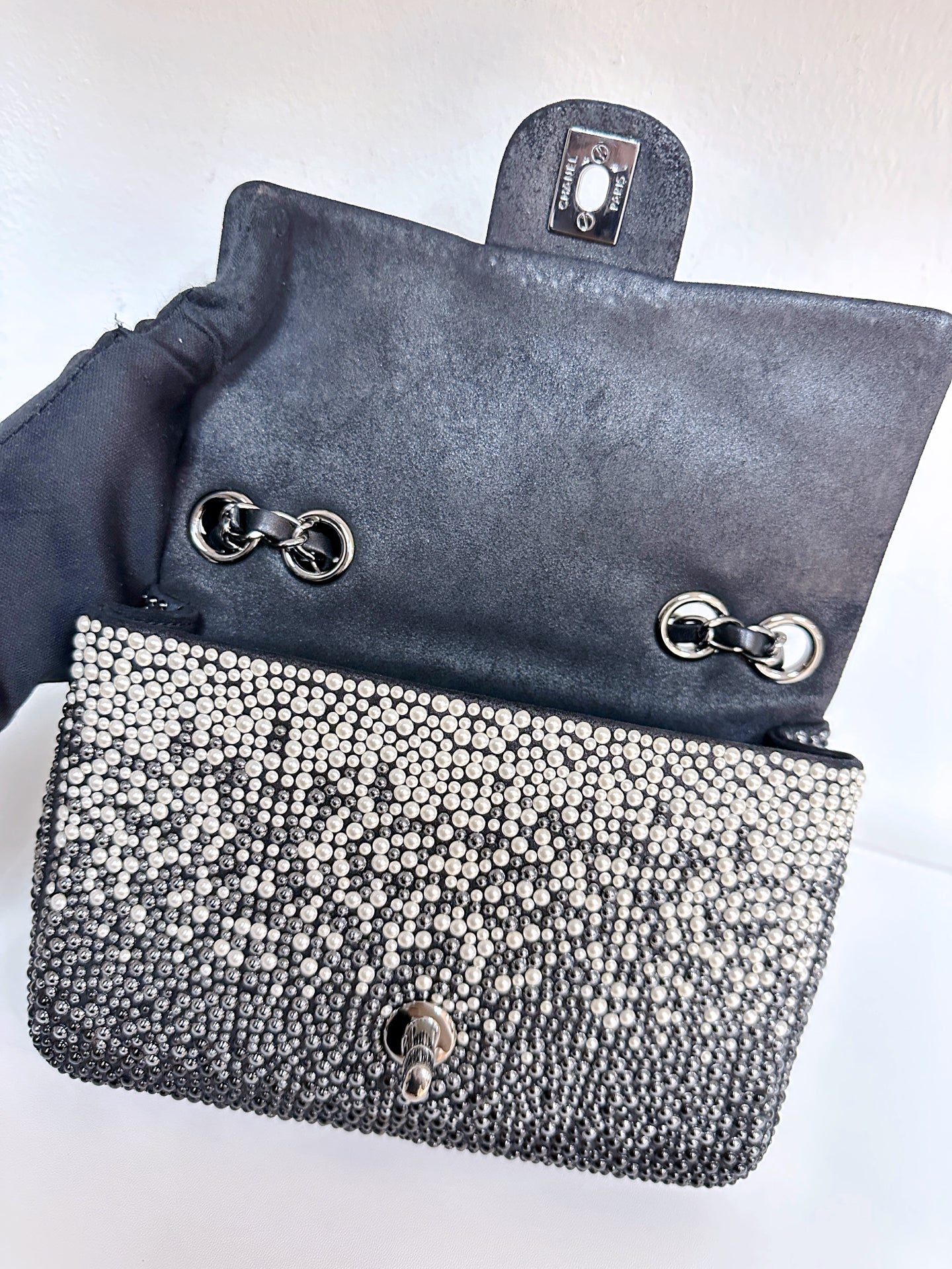 White, Grey and Black Imitation Pearls and Beads and Calfskin Embellished CC MiniClassic Single Flap Ruthenium Hardware, 2014