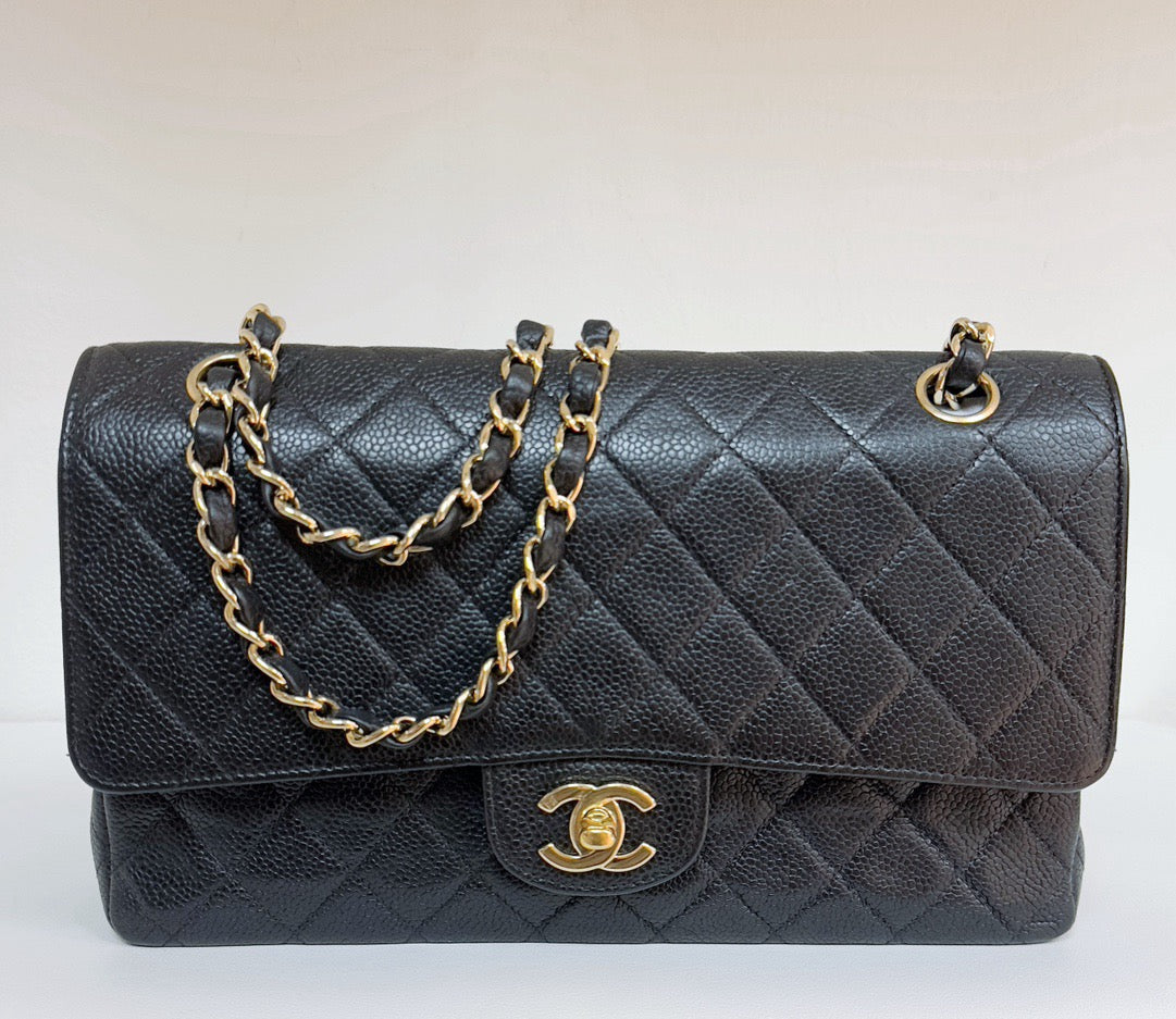 CHANEL Classic Double Flap Medium Shoulder Bag Black Caviar 24k