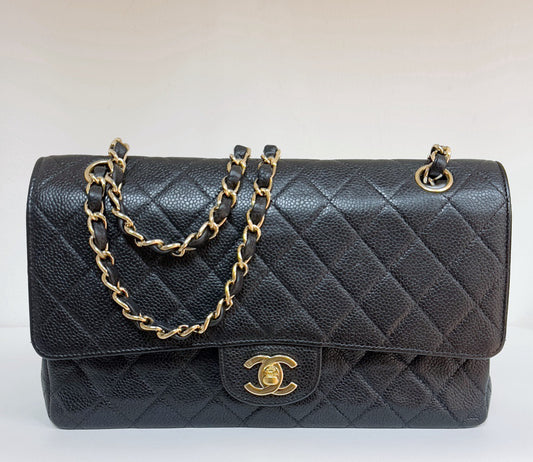 CHANEL Classic Double Flap Medium Shoulder Bag Black Caviar 24k