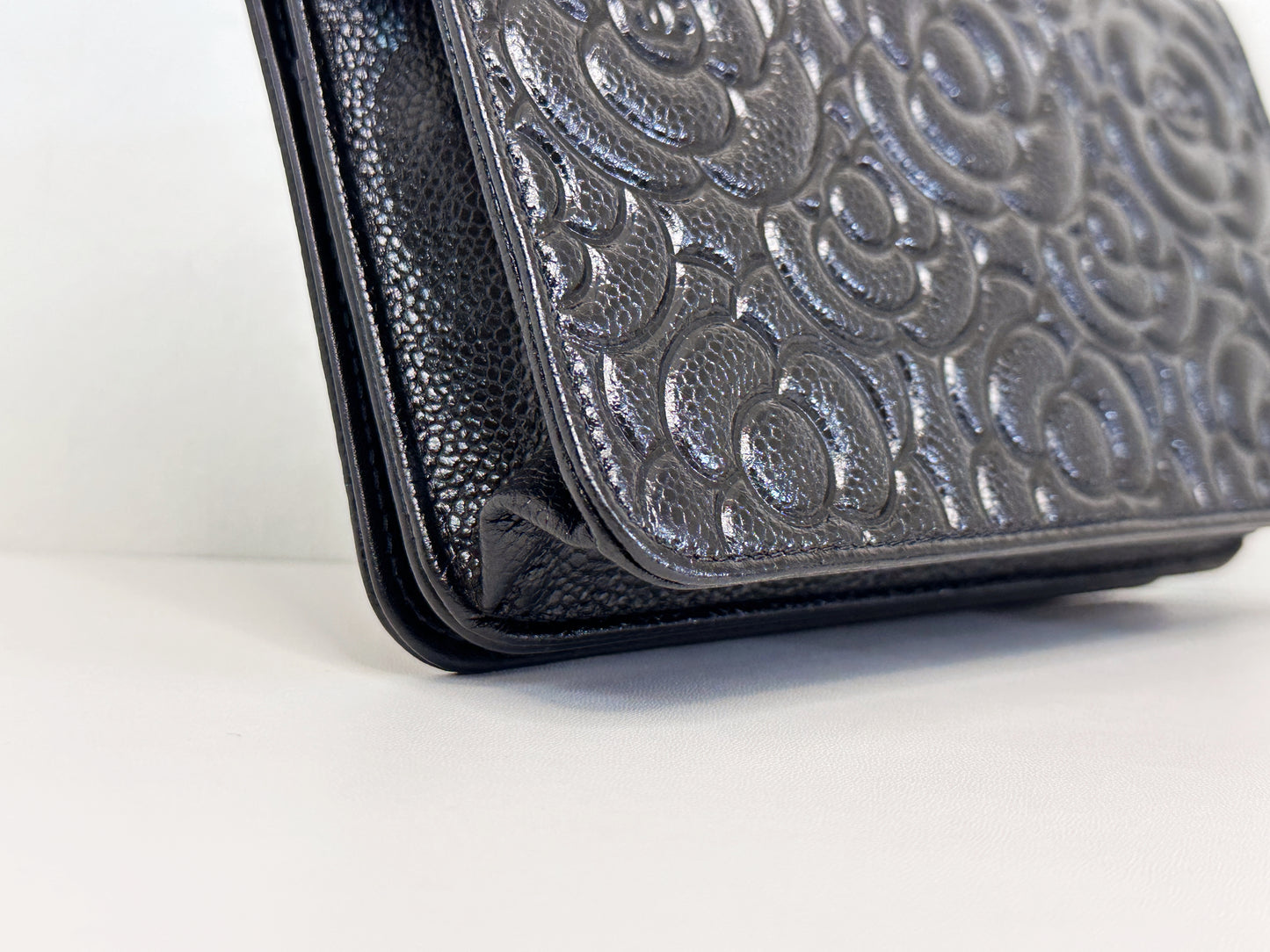 Chanel Black Caviar Camellia Embossed Wallet on Chain WOC Crossbody/ Clutch Bag 2951 holo card
