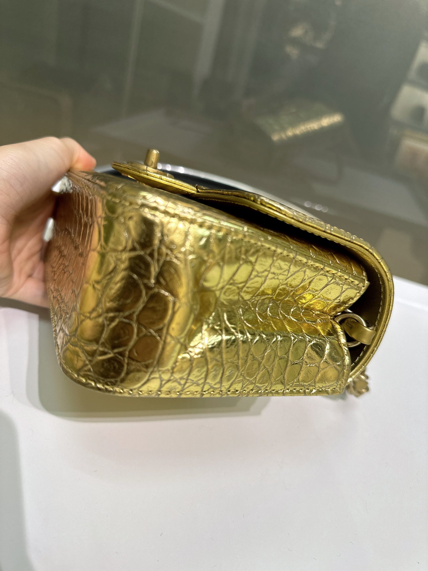 Chanel Gold Metallic Calfskin Crocodile Embossed Rectangular Mini Flap