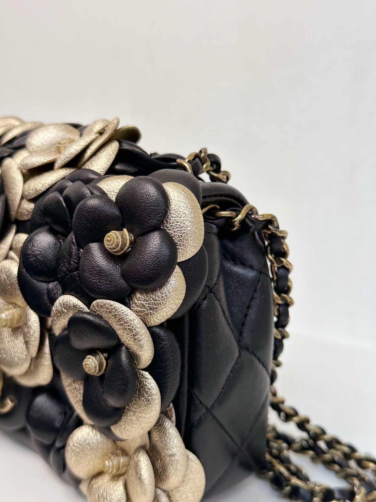 Chanel Mini Metallic Lambskin Quilted Camellia Flap Bag Black Gold 2479 holo card