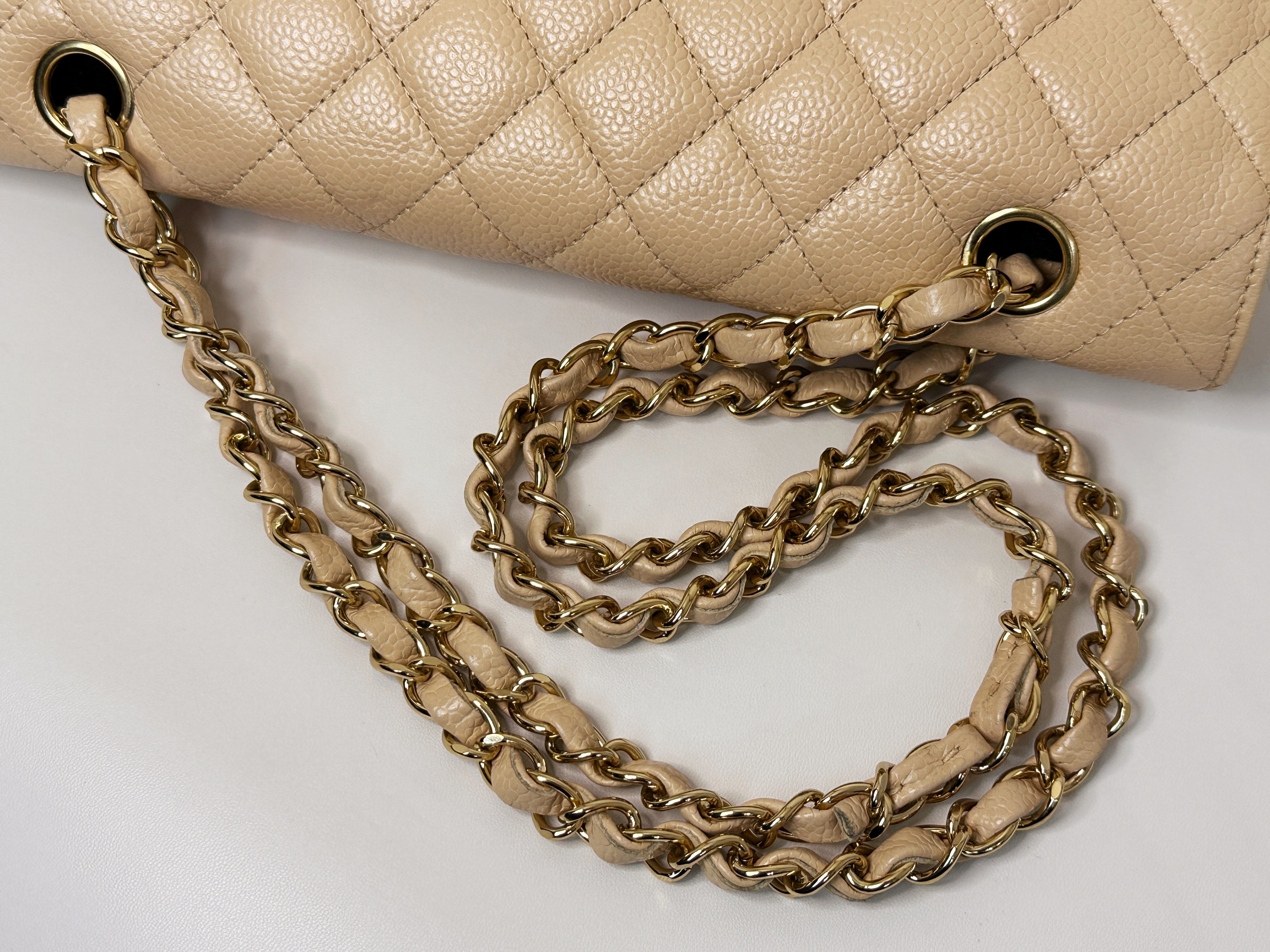 Chanel Medium Beige Classic Caviar Double Flap Bag GHW 2163 holo