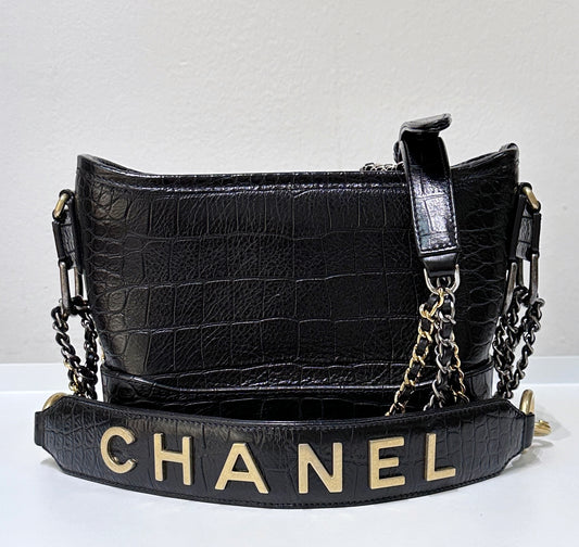 Chanel Small Gabrielle Hobo Bag Crocodile Embossed Calfskin Black