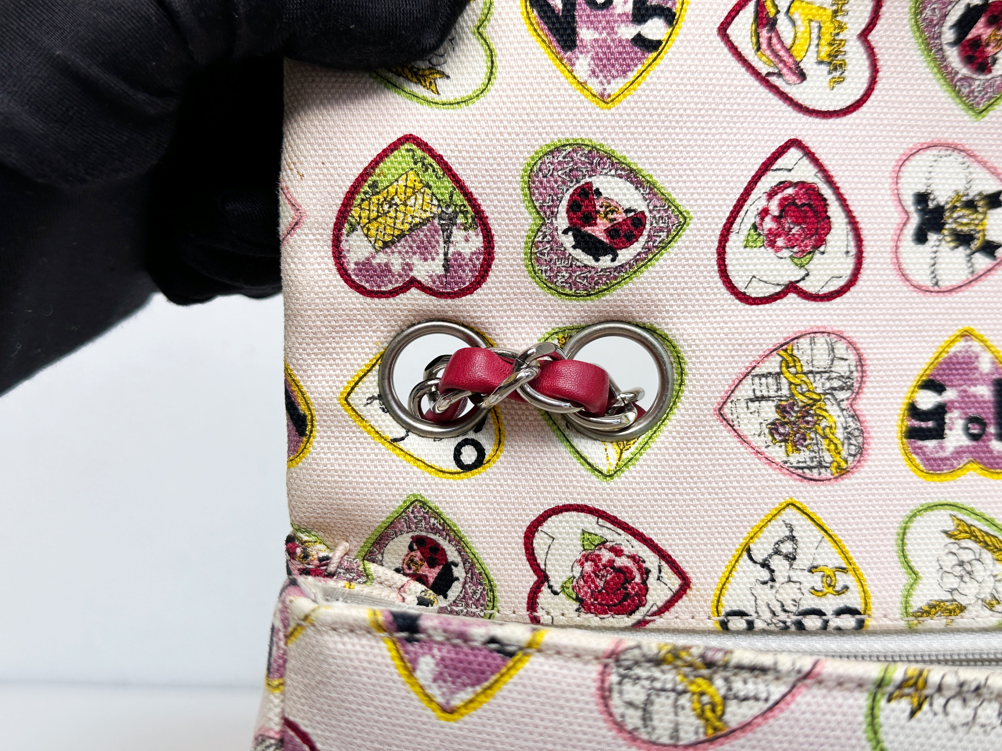 Chanel Valentine Coco Heart Motif Printed Pink Canvas East West Flap Bag 1064 holo