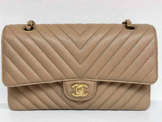 Chanel Calfskin Chevron Quilted Medium Double Flap Beige 2383 holo card