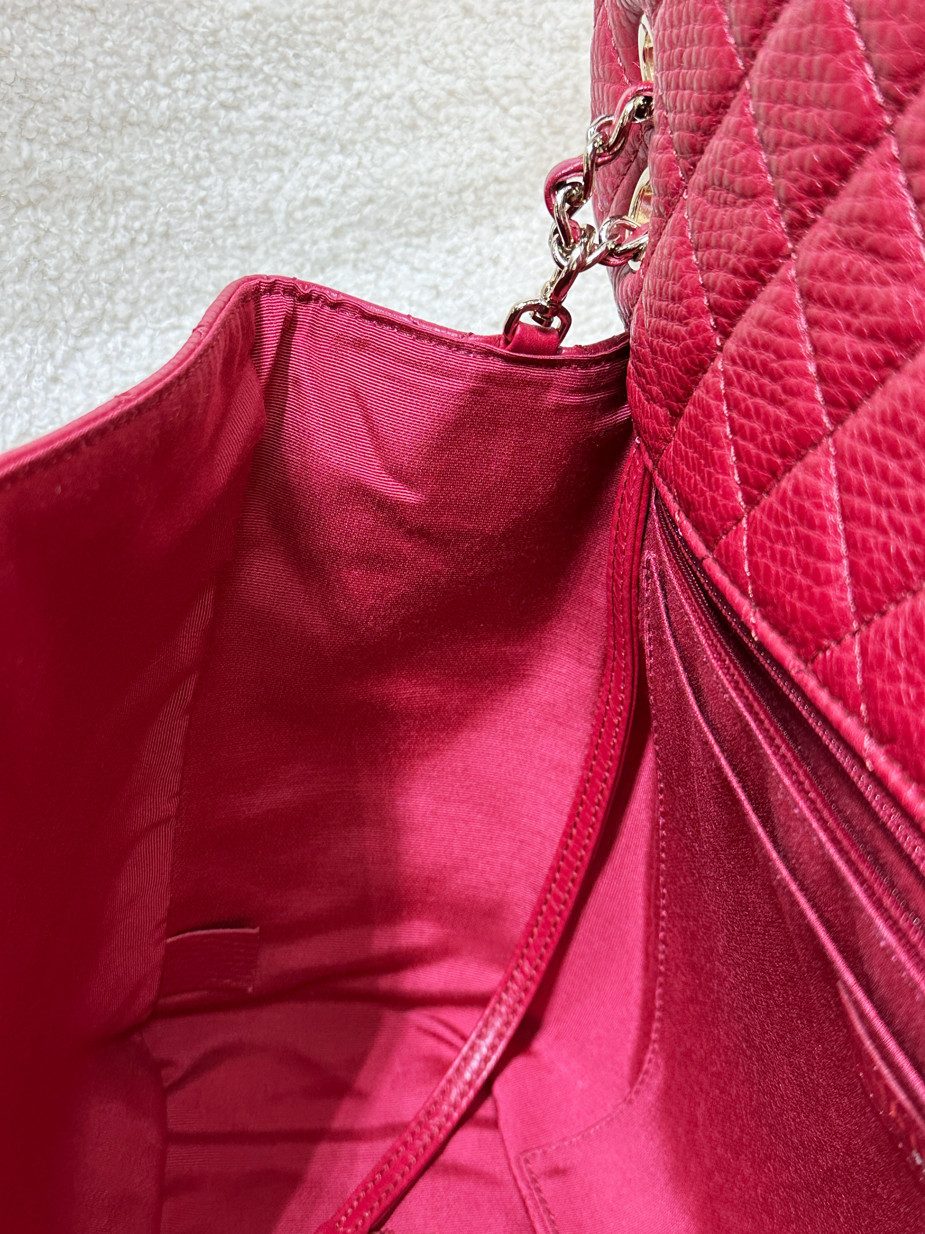 Chanel Red Grained Calfskin XL Small Travel Flap Bag Light Gold Hardware