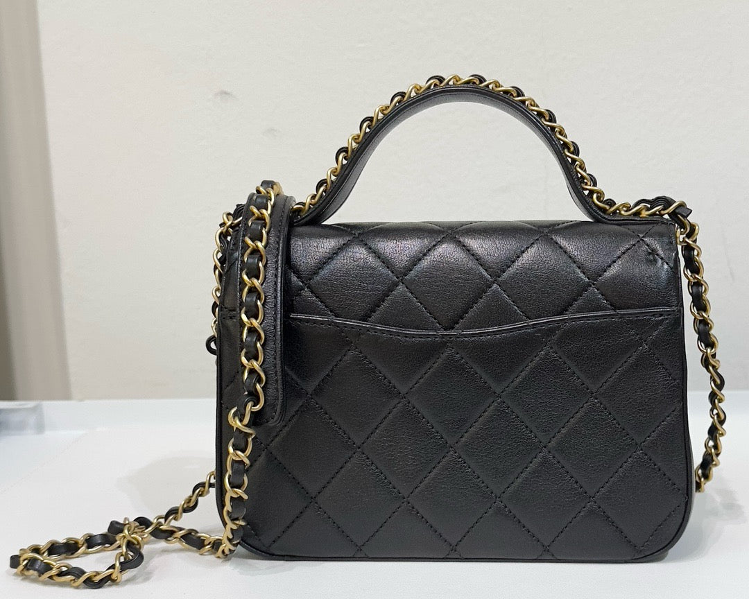 Chanel Small Lambskin Quilted Chain Infinity Top Handle Flap Black GHW