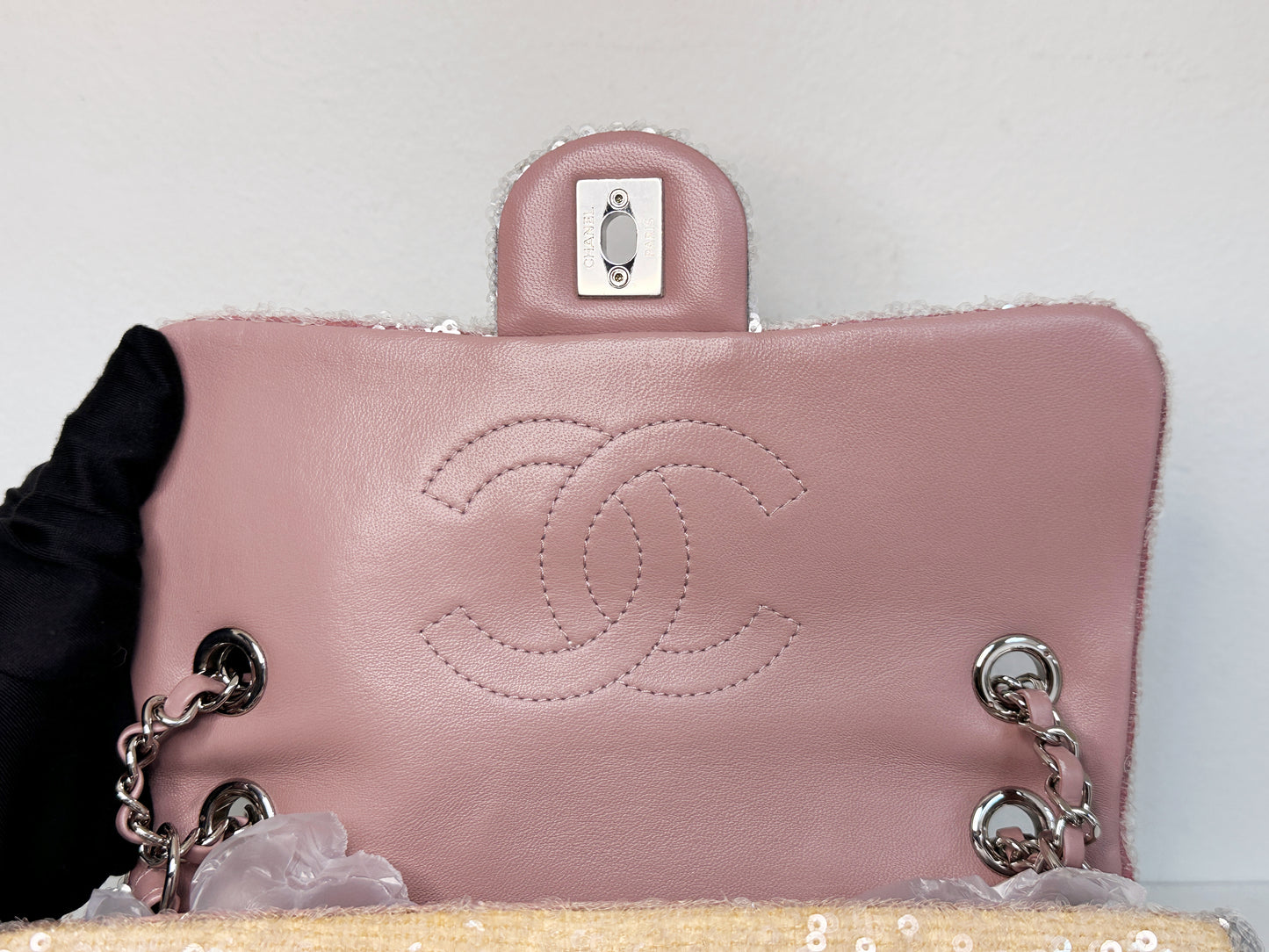 Chanel 18S Sequin Mini Waterfall Flap Pink Blue Yellow 2557 holo card