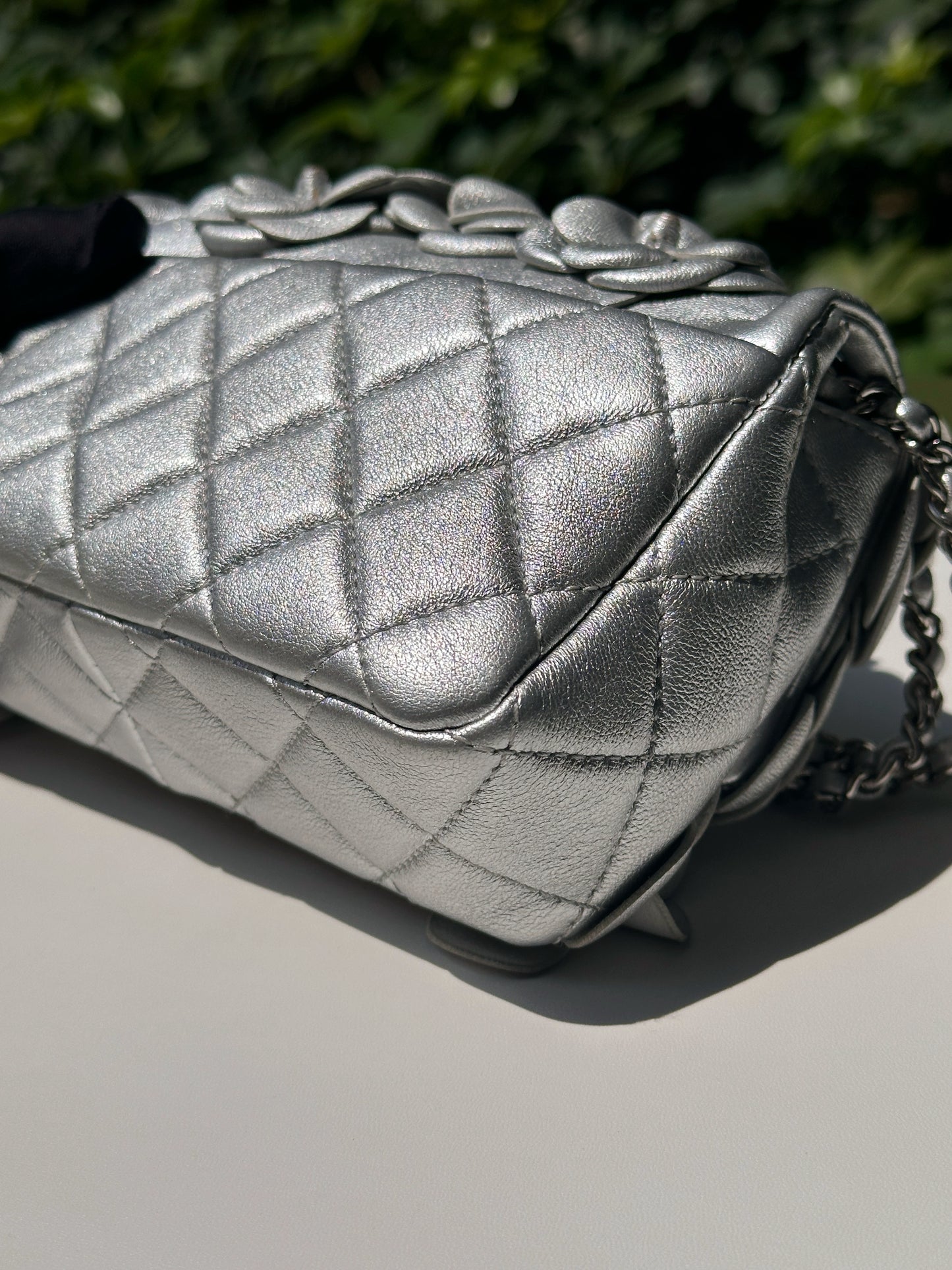 Chanel Mini Camellia Lambskin Shiny Silver SHW 2245 holo