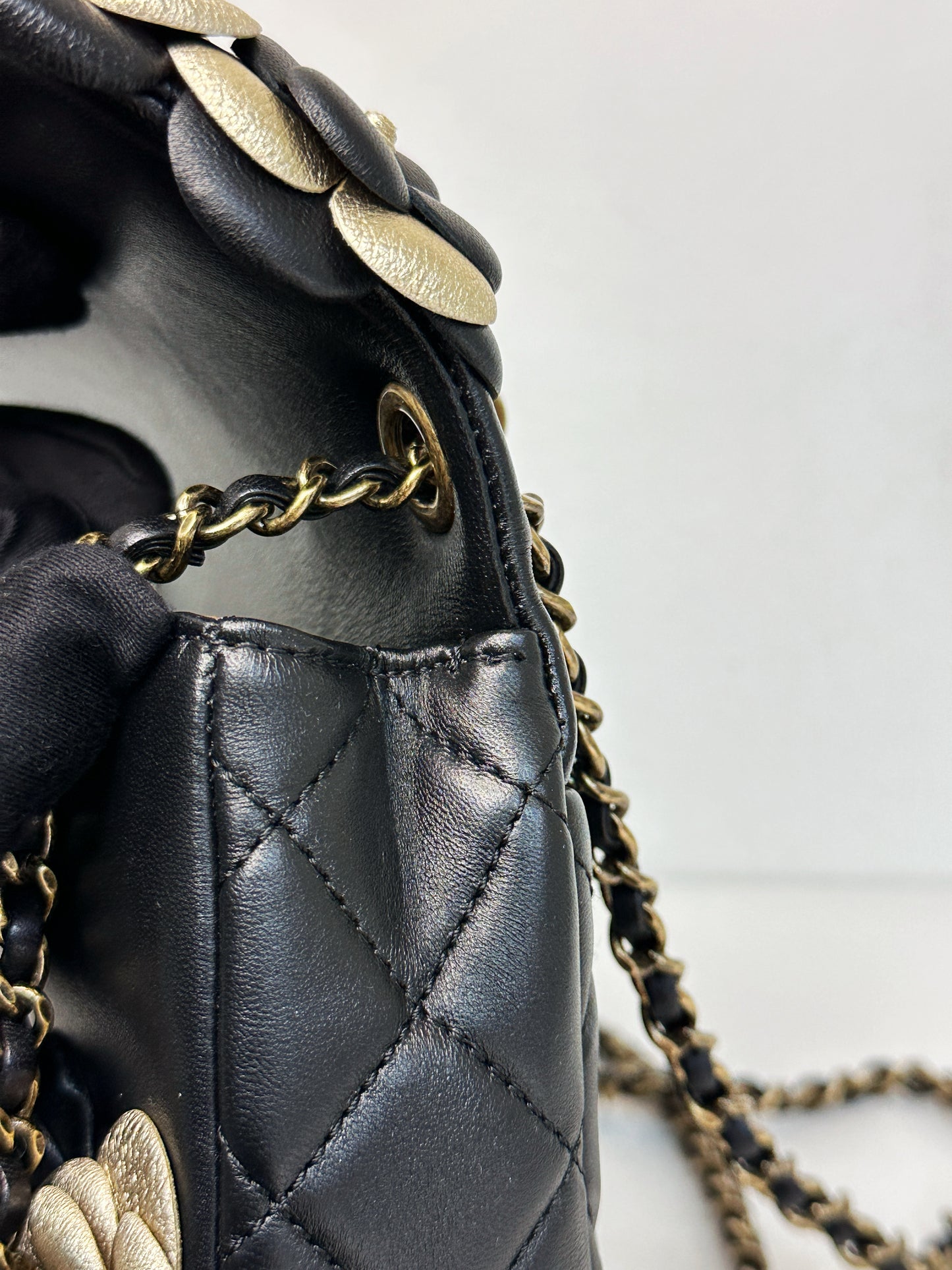Chanel Mini Metallic Lambskin Quilted Camellia Flap Bag Black Gold 2479 holo card