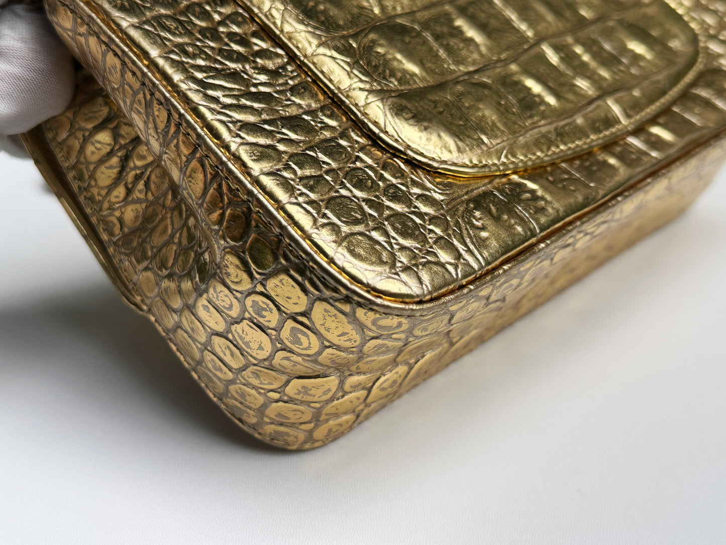 Chanel Mini Calfskin Crocodile Embossed Rectangular Gold Metallic Flap Bag 2803 holo card