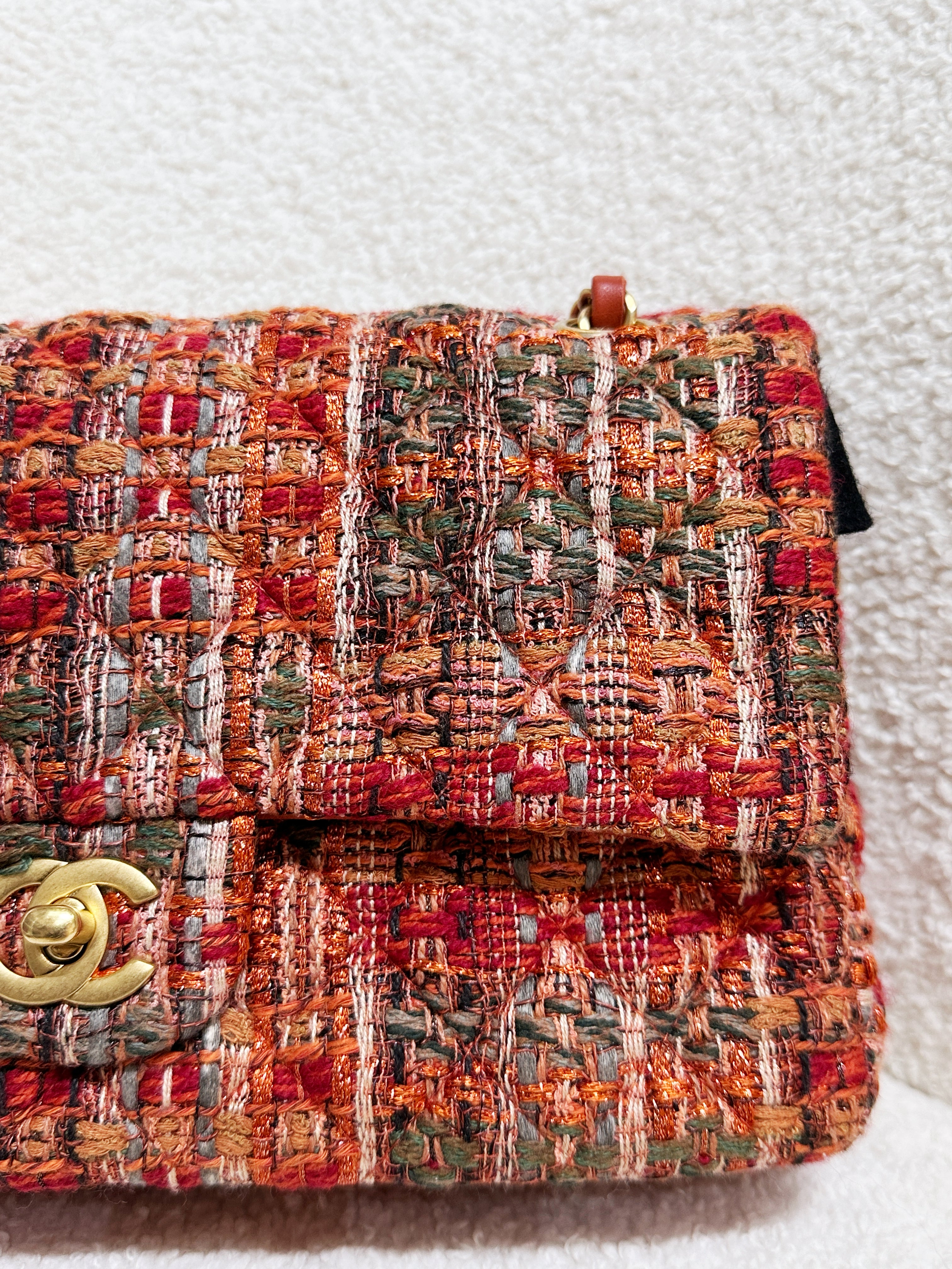 Chanel Tweed Quilted Medium Double Flap Bag Orange Multicolor K9J2 microchip