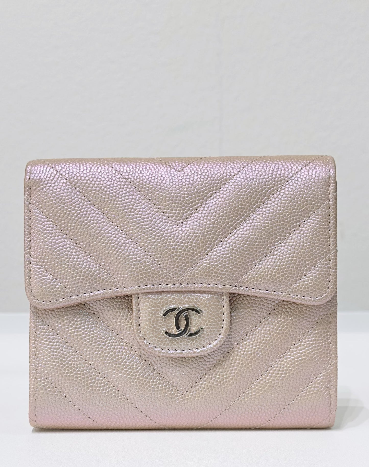 Chanel Metallic Caviar Chevron Quilted Compact Flap Wallet Light Gold