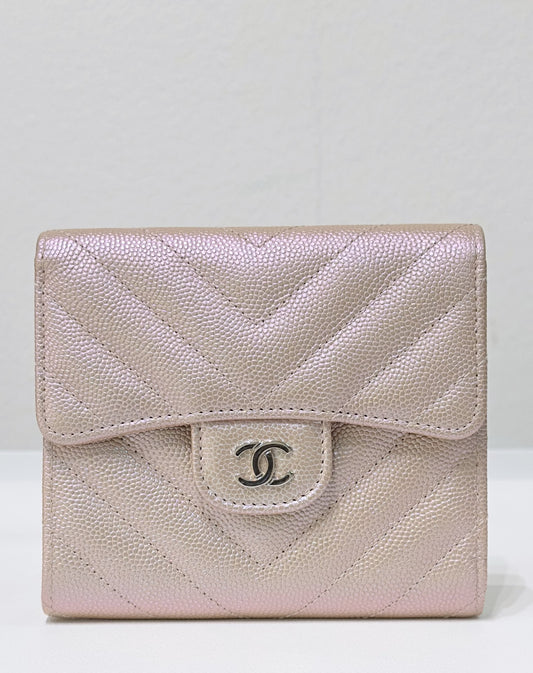 Chanel Metallic Caviar Chevron Quilted Compact Flap Wallet Light Gold