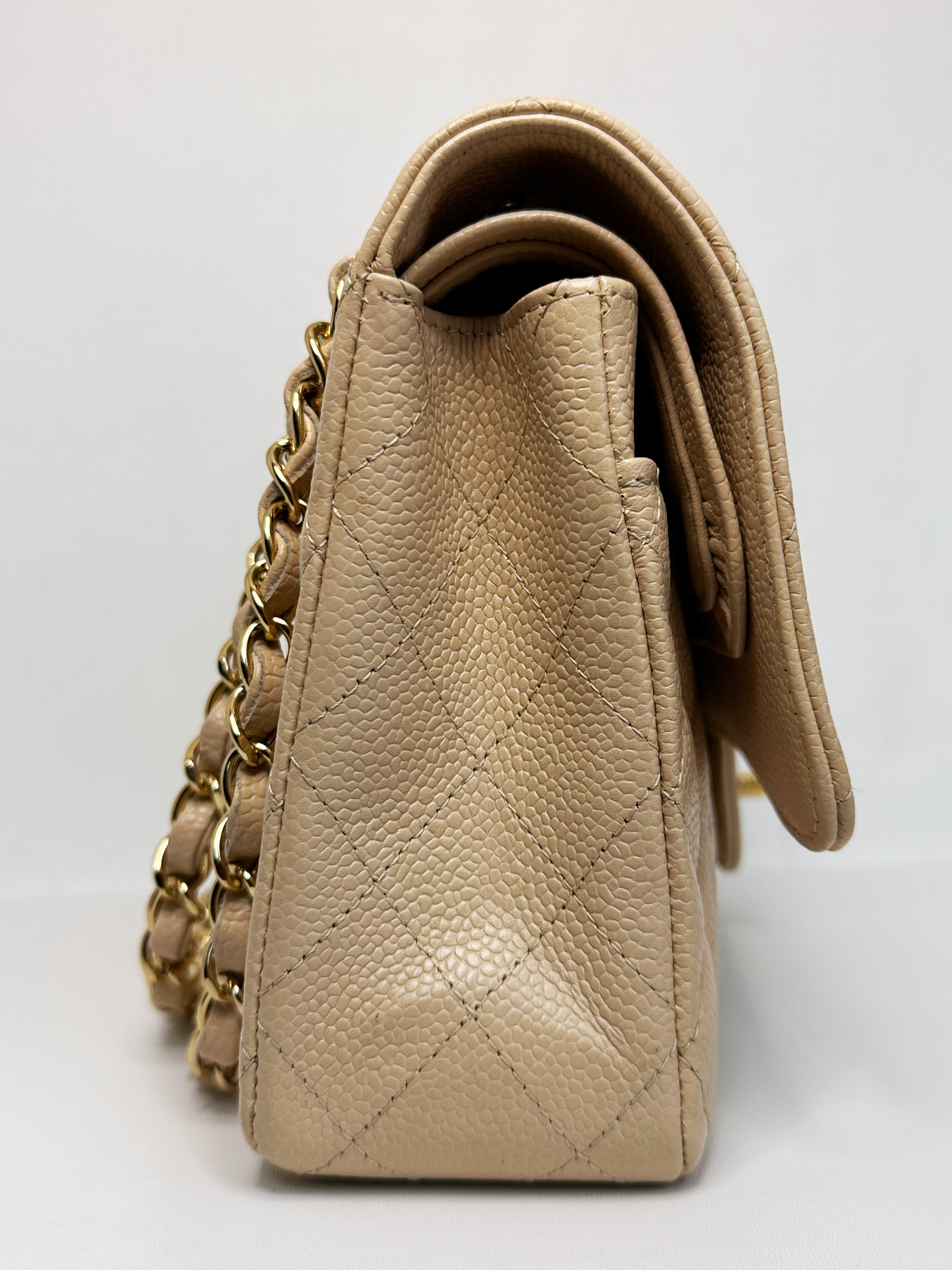 Chanel Medium Beige Classic Caviar Double Flap Bag GHW 2163 holo