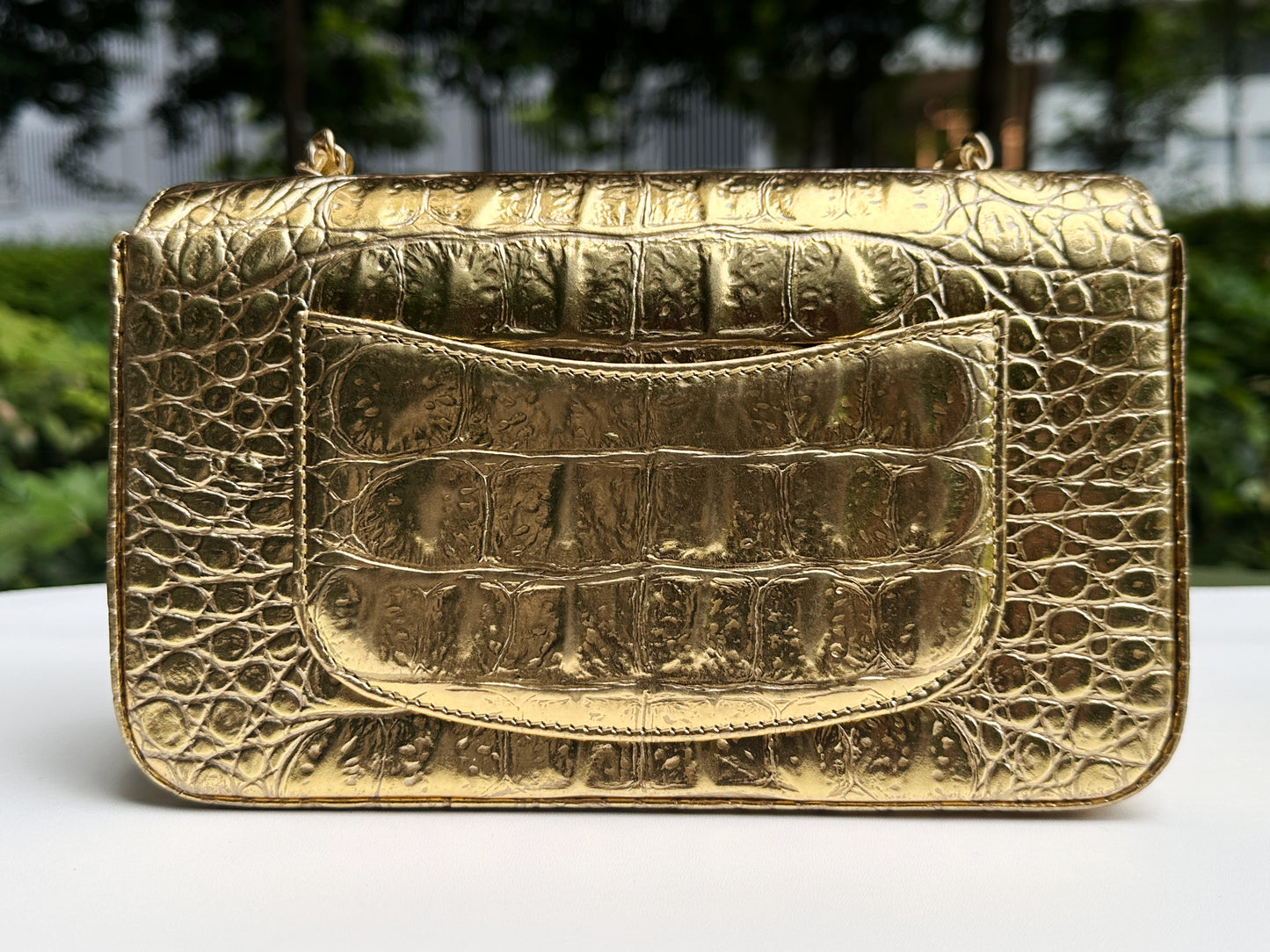 Chanel Mini Calfskin Crocodile Embossed Rectangular Gold Metallic Flap Bag 2803 holo card