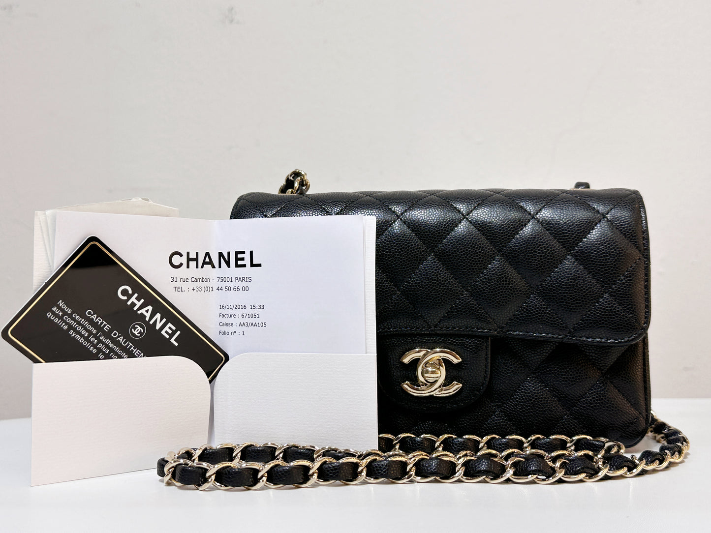 Chanel Caviar Classic Quilted Mini Rectangular Flap black GHW 2353 holo card