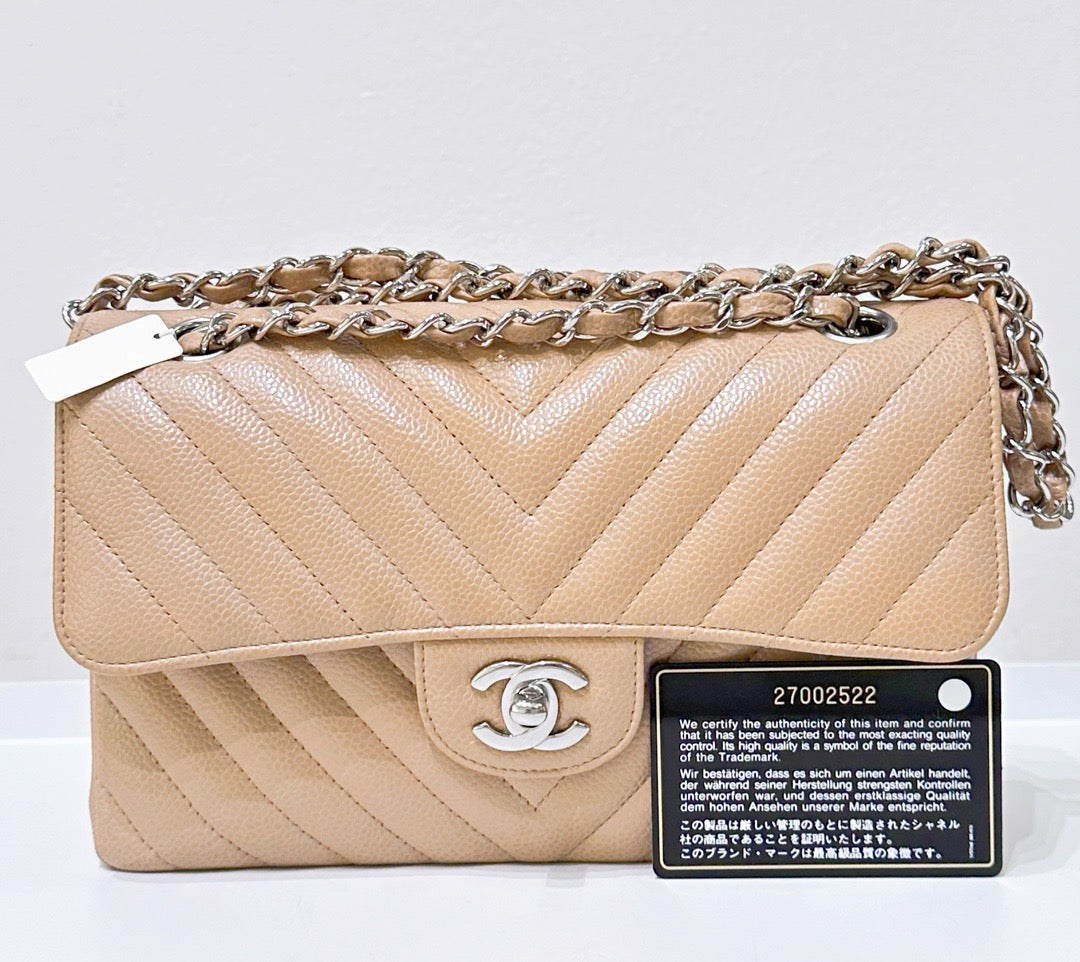 Chanel 19C Beige  Small Grained Calfskin &Sliver Timeless Classic Chevron