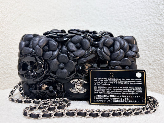 Chanel Camellia Lambskin Patent Around Flap Crossbody Bag Black 224 holo card