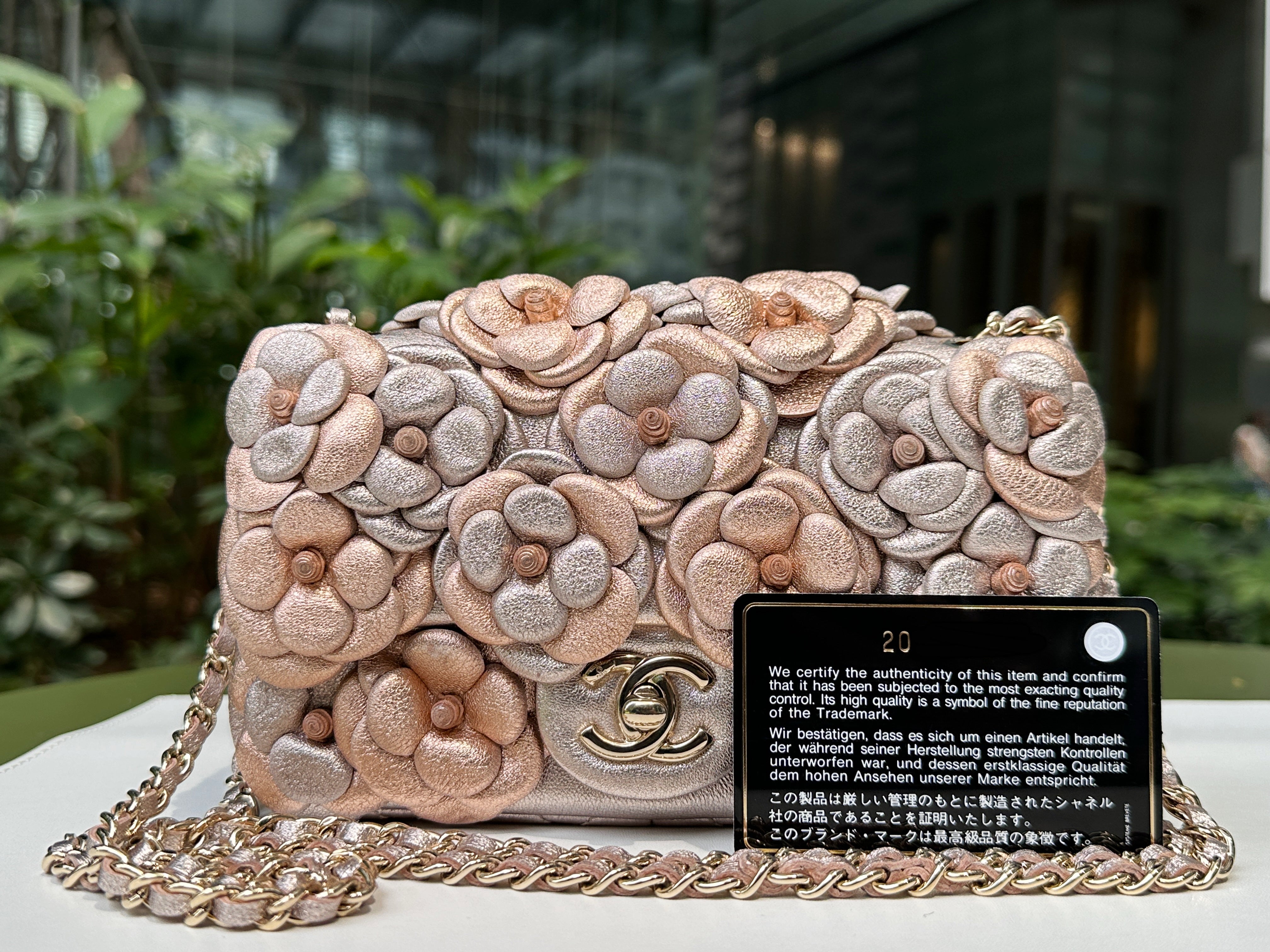 Chanel Camellia Mini Metallic Rose Gold/Pink Lambskin Gold Hardware 2078 holo card