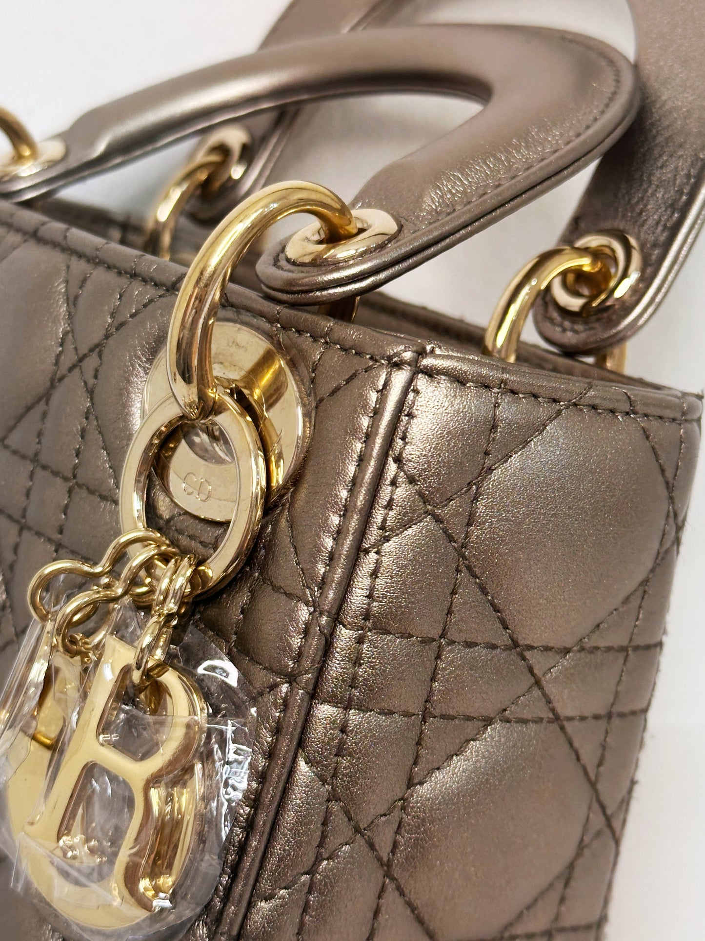 CHRISTIAN DIOR LADY MINI CALFSKIN CANNAGE BRONZE METALLIC GOLDEN HARDWARE CHAIN STRAP