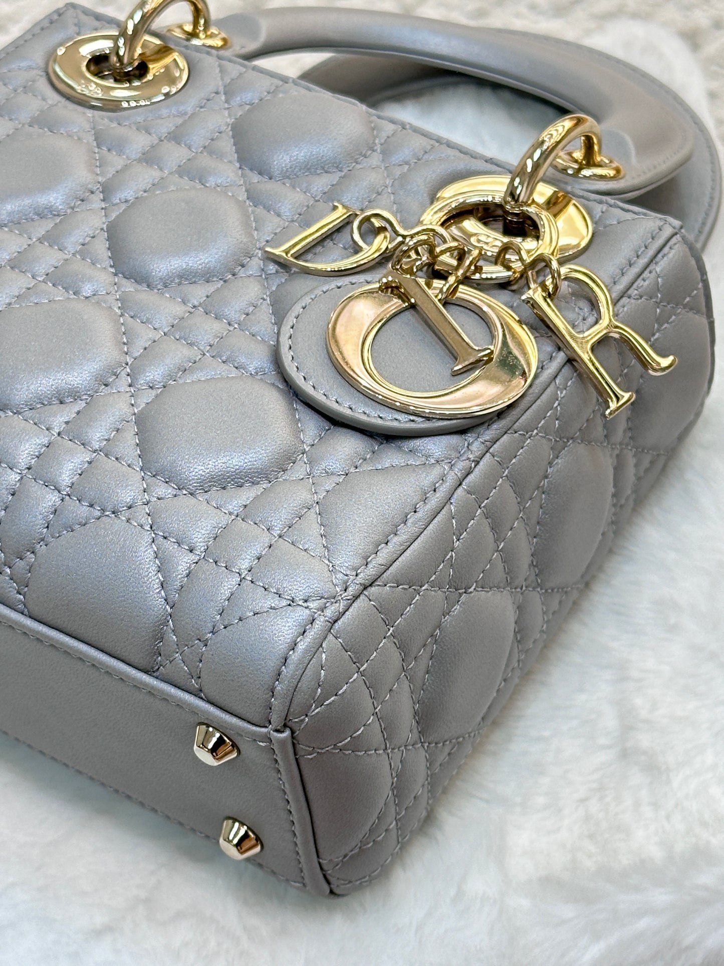 Christian Dior Mini Lambskin Cannage Lady Dior Gray Opaline GHW