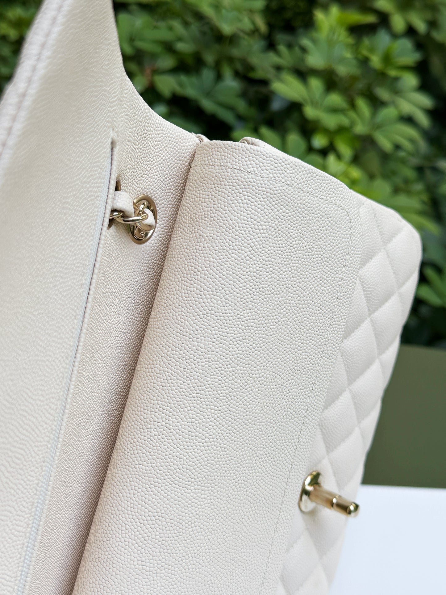 Chanel Medium Caviar Classic Quilted Double Flap Ivory Light Beige Bag LGHW