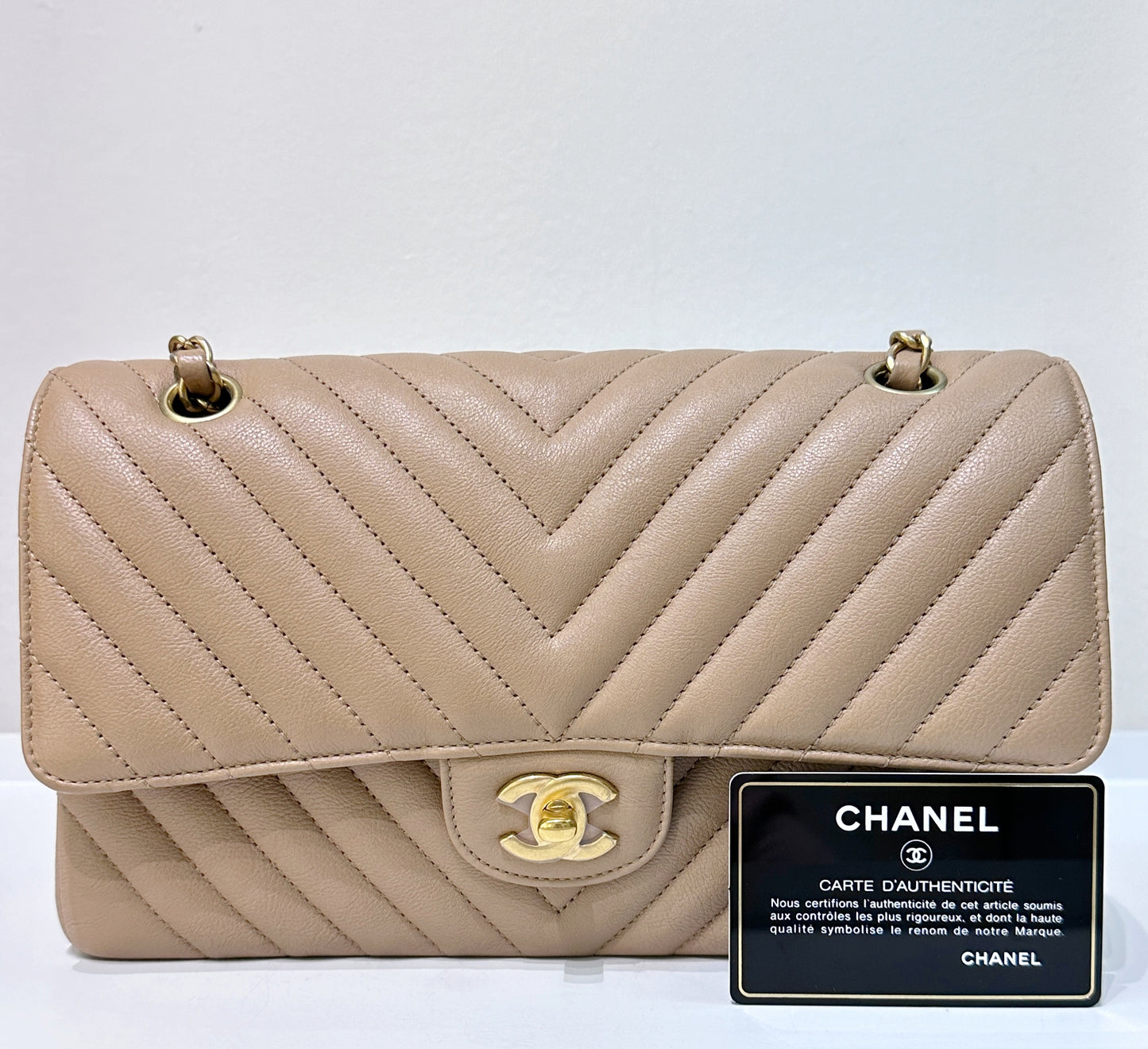 Chanel Classic Medium Beige Chevron Calfskin with Gold Hardware