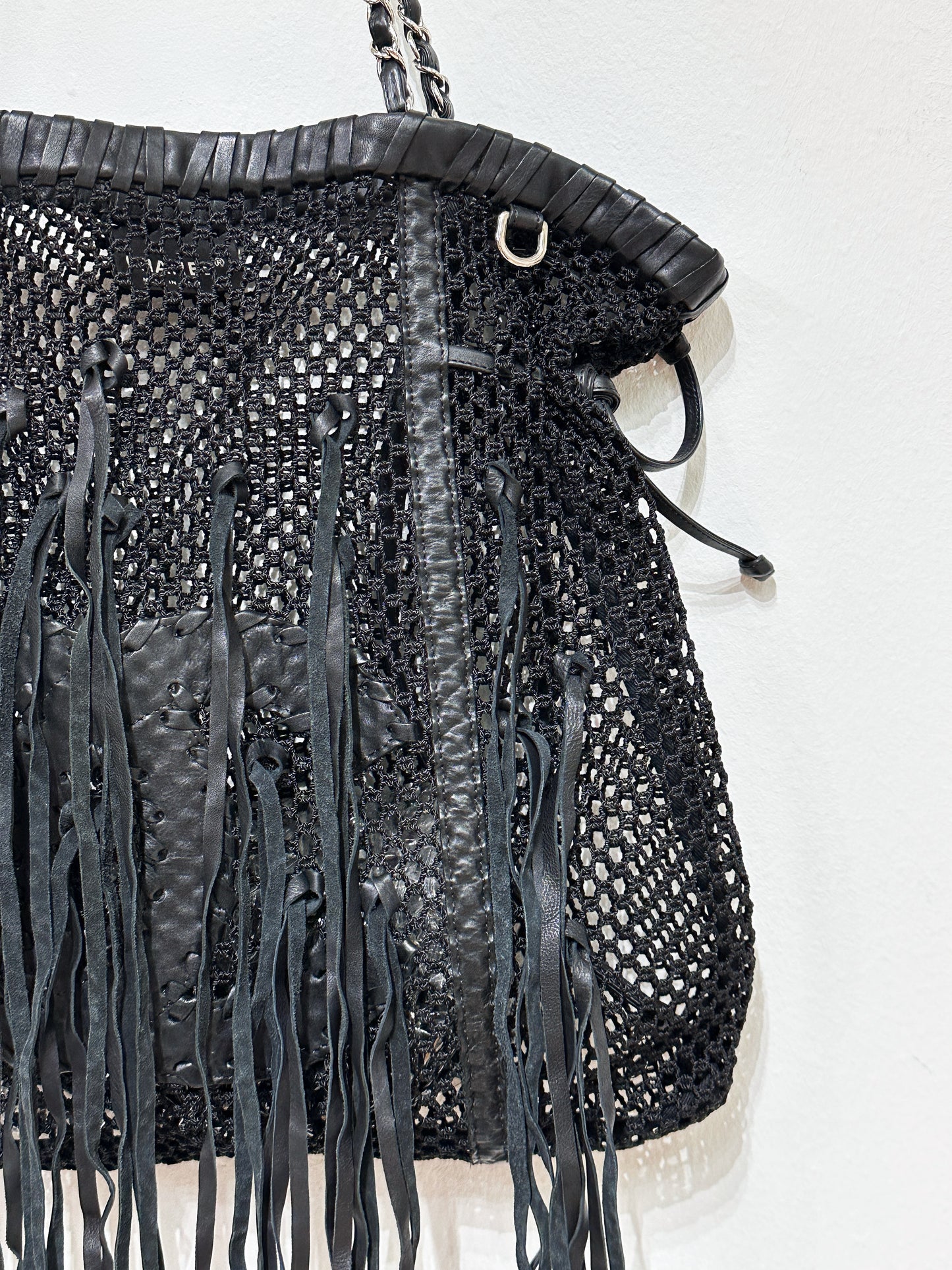 Chanel Limited Edition Resort  Black Fringe Mesh Tote Bag 1426 holo