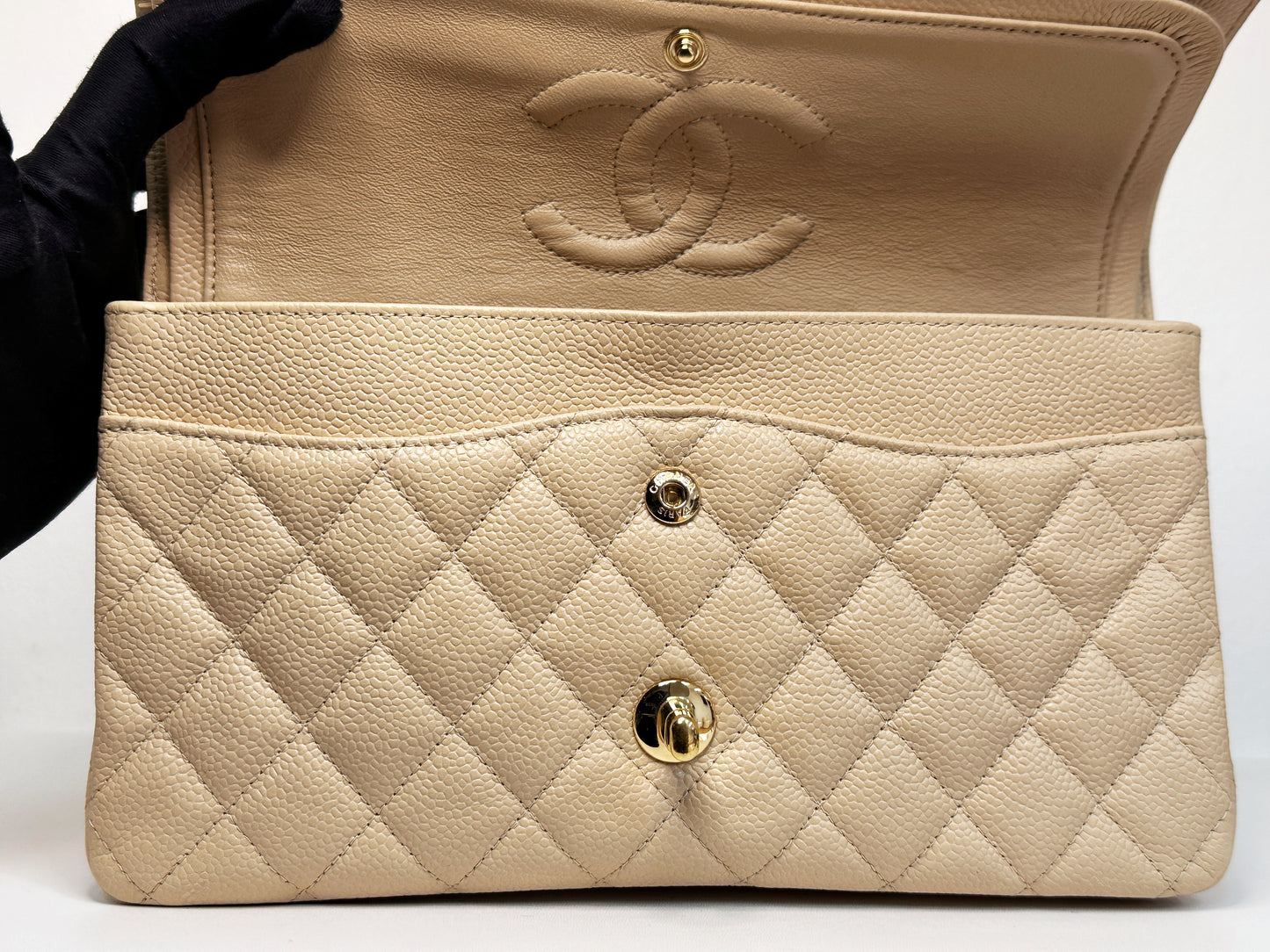 Chanel Medium Beige Classic Caviar Double Flap Bag GHW 2163 holo