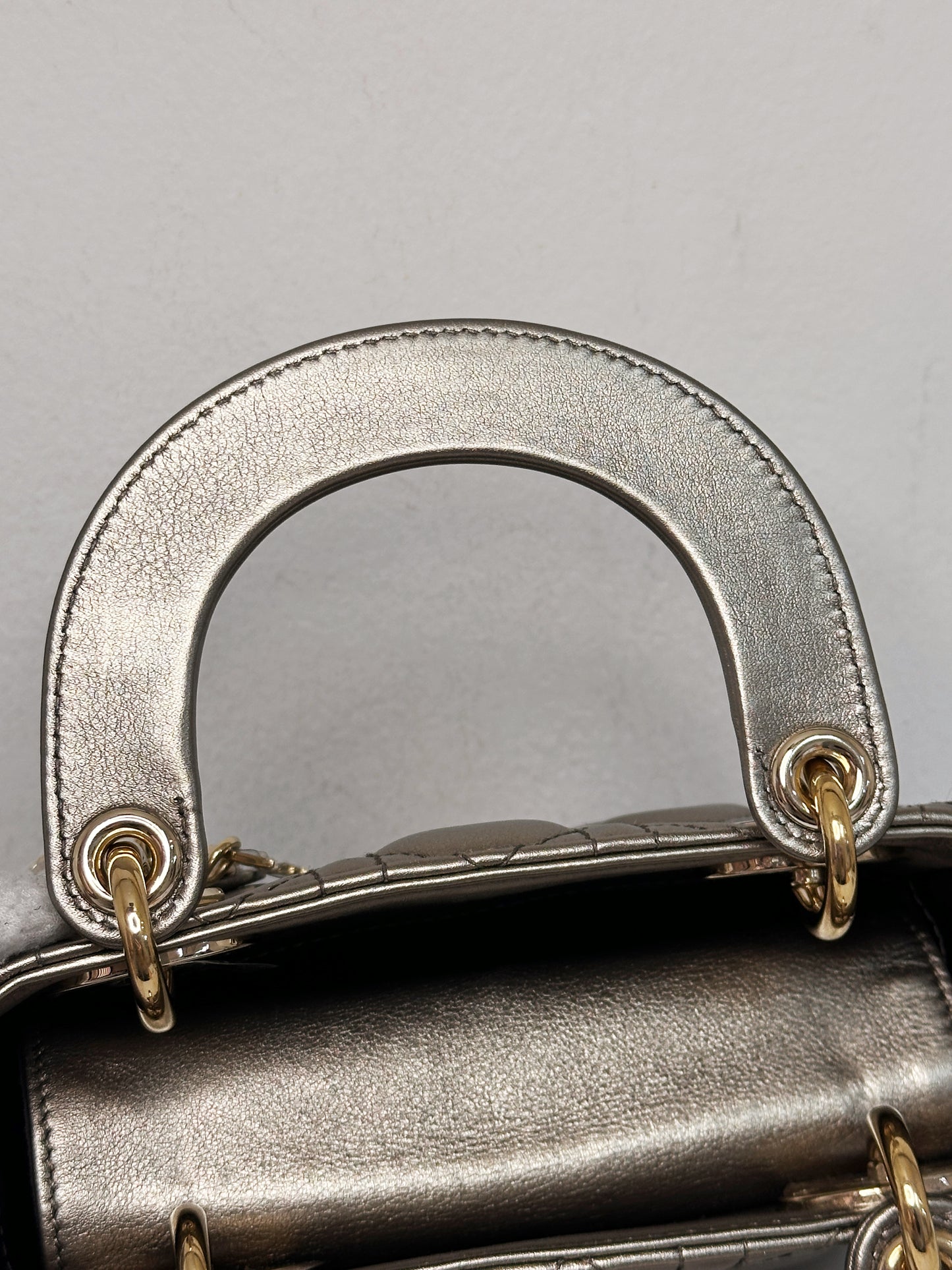 CHRISTIAN DIOR LADY MINI CALFSKIN CANNAGE BRONZE METALLIC GOLDEN HARDWARE CHAIN STRAP