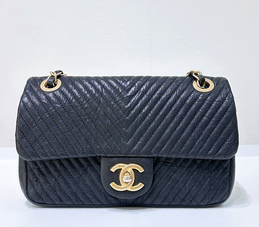 Chanel Black Chevron Leather Small Classic Flap Bag