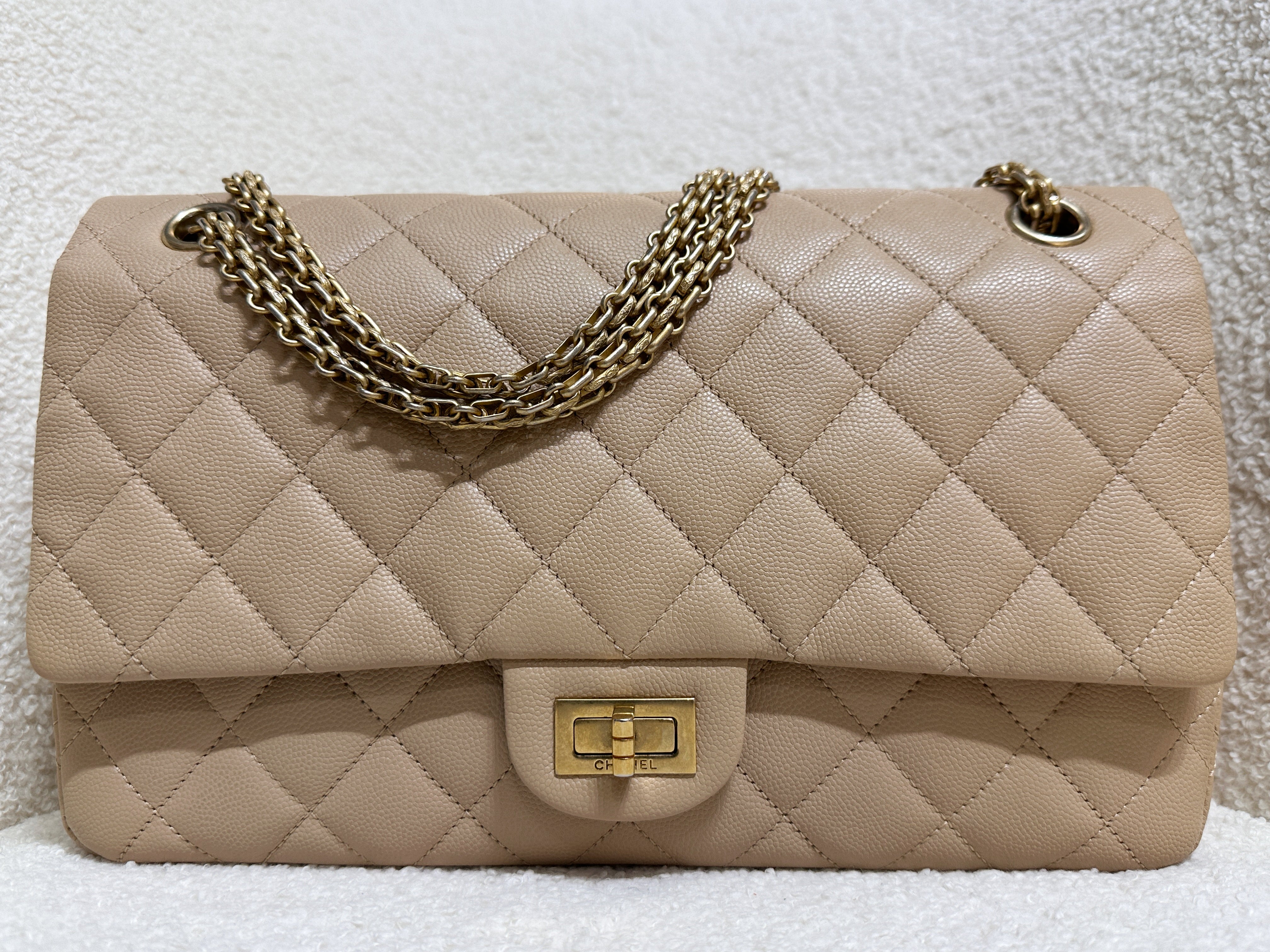 Chanel Classic Quilted Caviar 2.55 Reissue Flap Bag Beige 226 2353 holo card