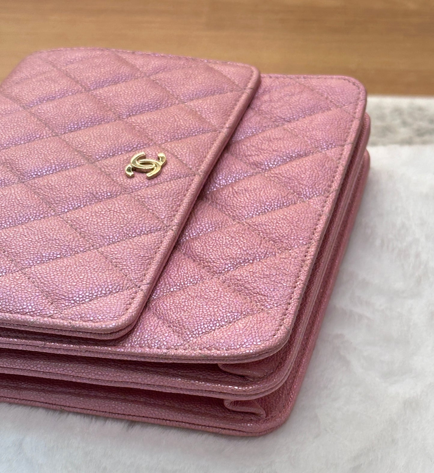 Chanel Square Wallet on Chain WOC Iridescent Pink Caviar Light Gold Hardware