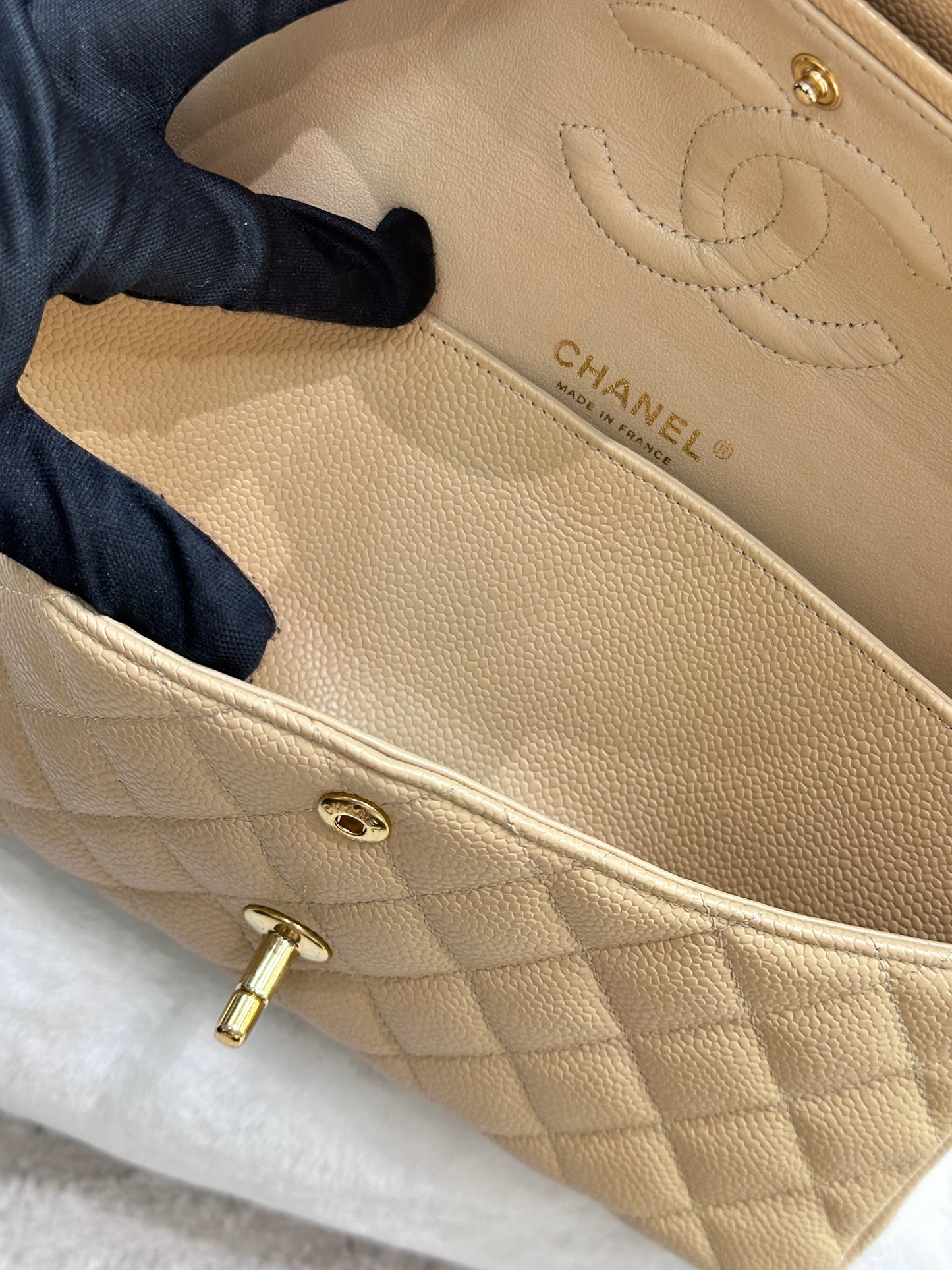 Chanel Medium Caviar Classic Double Flap Bag Beige