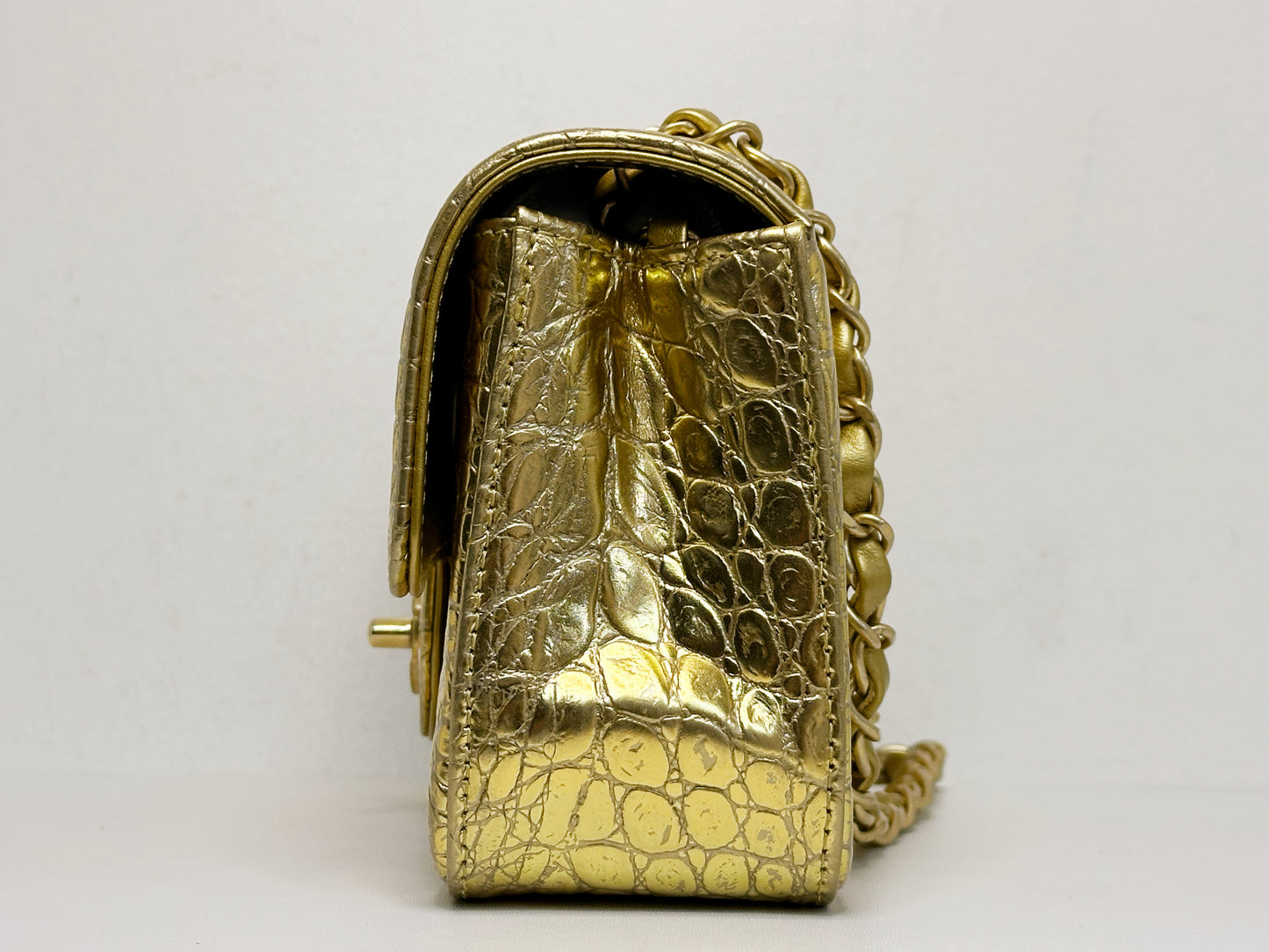 Chanel Mini Calfskin Crocodile Embossed Rectangular Gold Metallic Flap Bag 2813 holo card