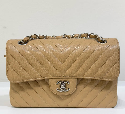 Chanel Small Classic Chevron Calfskin Double Flap Dark Beige SHW 19S 27 Holo card