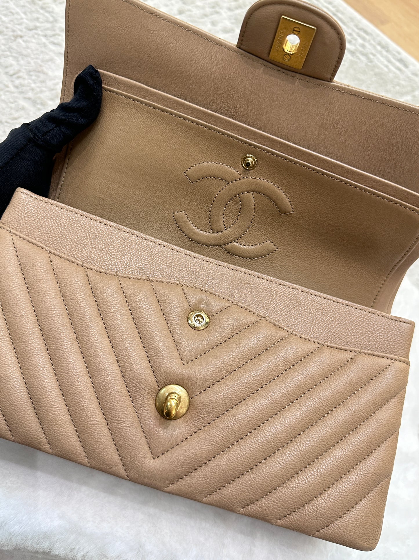 Chanel Classic Medium Beige Chevron Calfskin with Gold Hardware