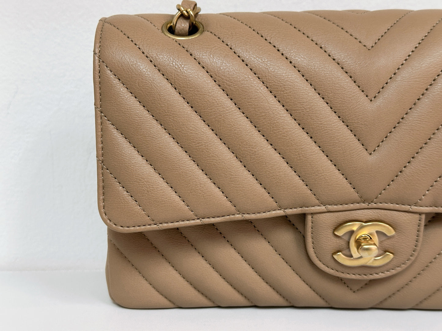 Chanel Calfskin Chevron Quilted Medium Double Flap Beige 2383 holo card