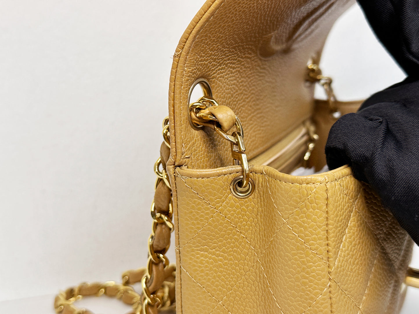 Chanel 24K Gold Mini Square Caviar Classic Flap Chain Shoulder Bag Beige GHW 84 holo card