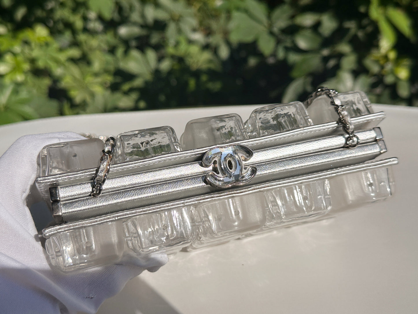Chanel Silver Metallic Lambskin and Clear Acrylic Ice Cube Bag Silver Hardware 1426 holo card
