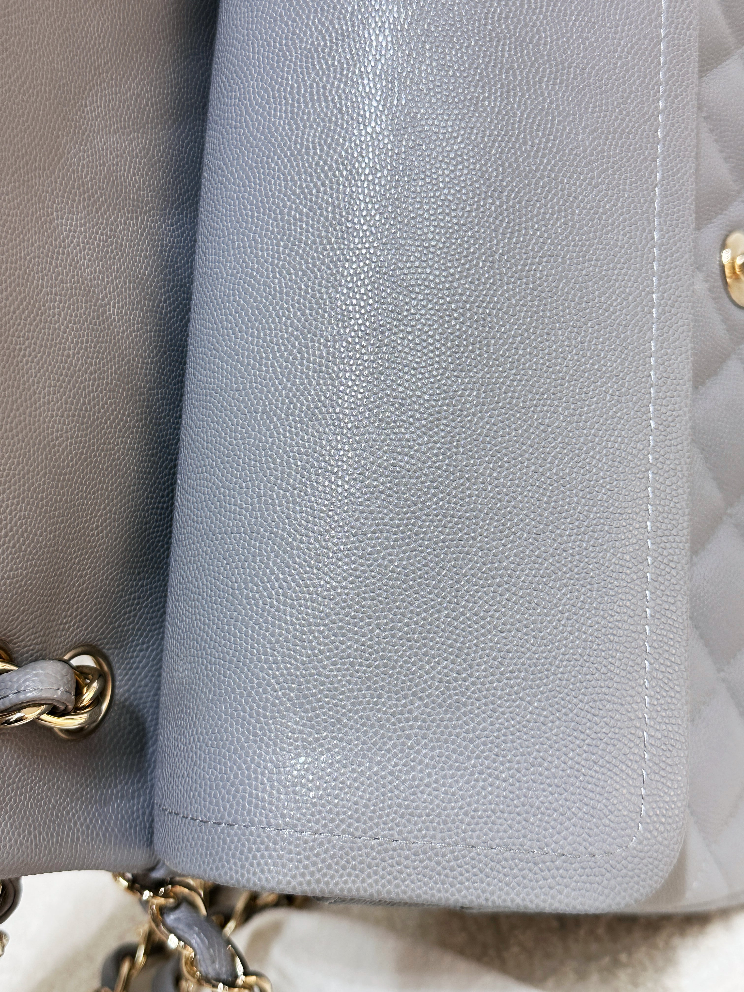 Chanel Jumbo Caviar Classic Quilted Double Flap Bag Light Grey LGHW 2910 holo card