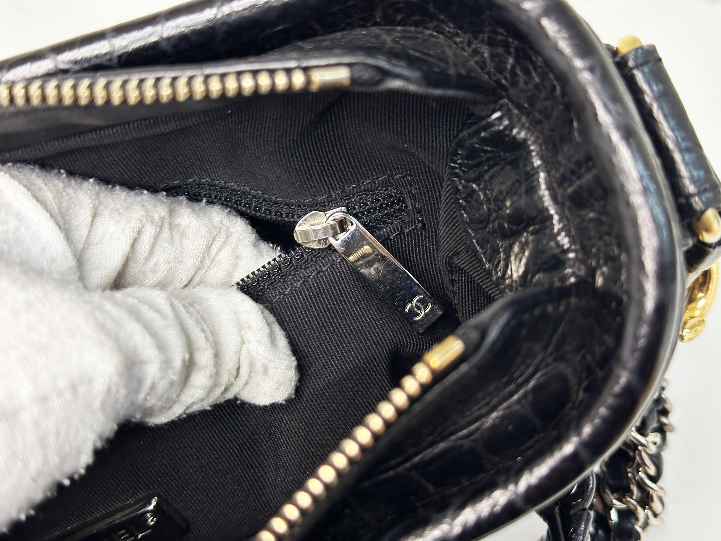 Chanel Small Gabrielle Hobo Bag Crocodile Embossed Calfskin Black 2822 holo card